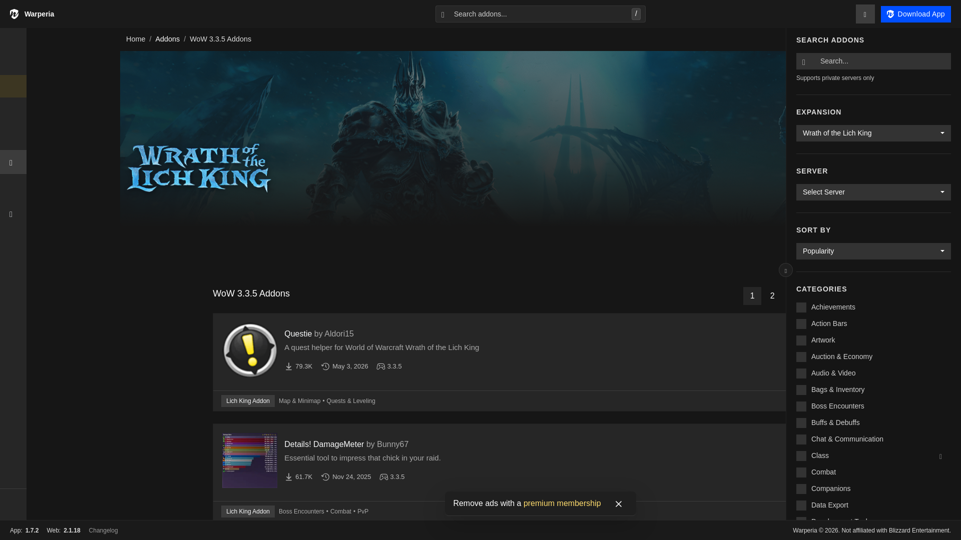 website screenshot of https://warperia.com/wotlk-addons/