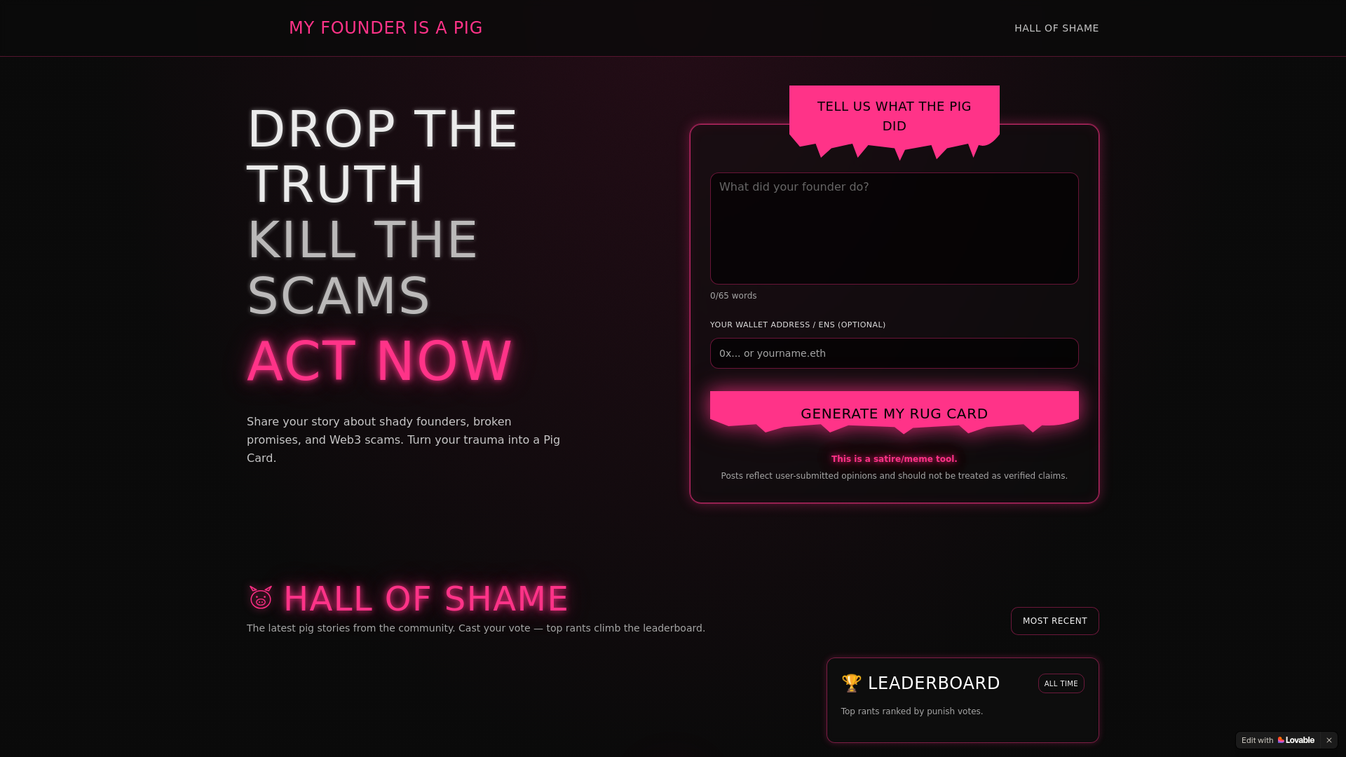 website screenshot of https://myfounderisapig.com/