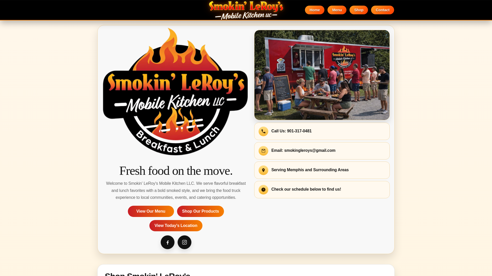 website screenshot of https://smokinleroysmobilekitchen.com/