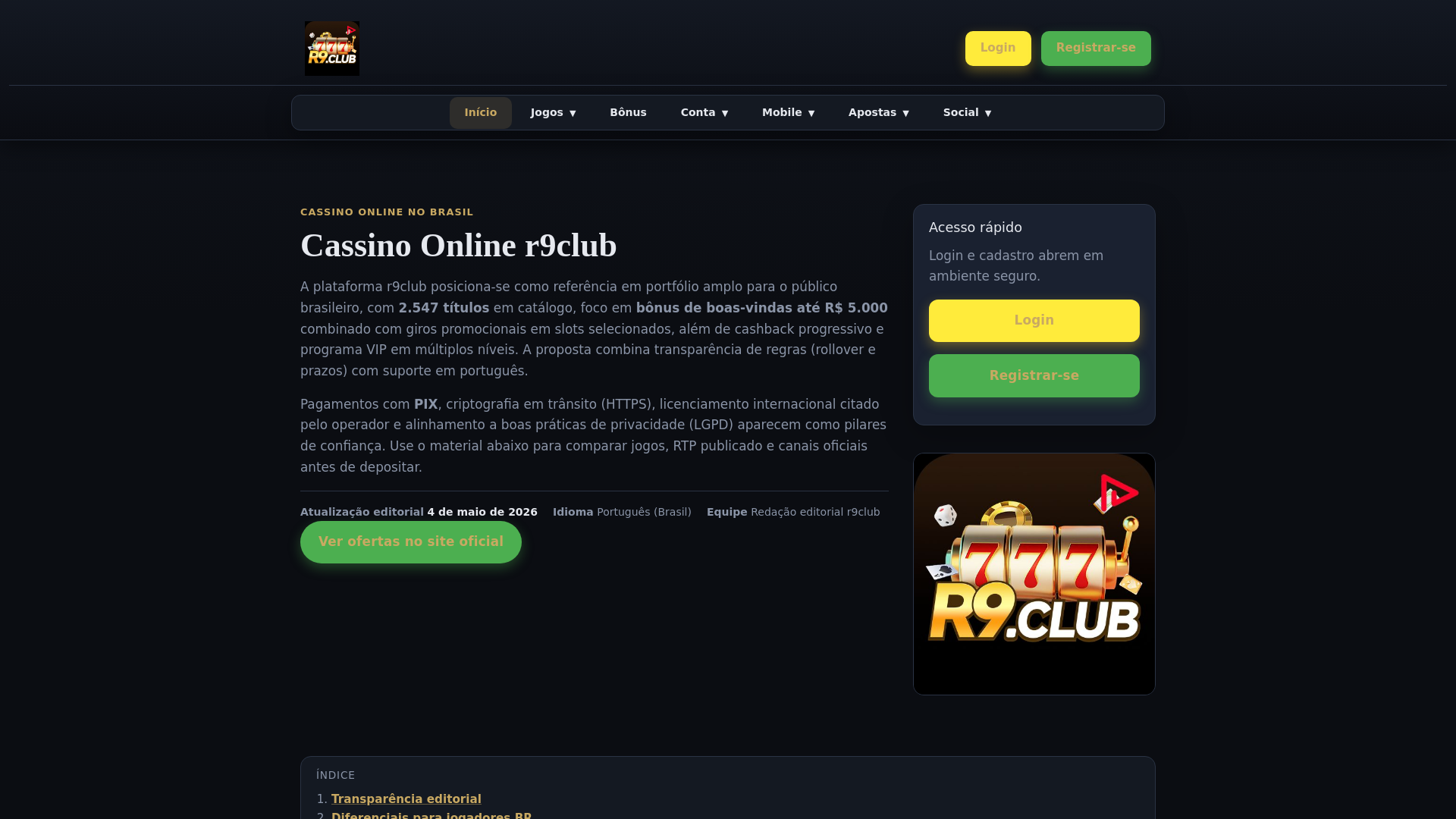 website screenshot of https://r9clubslots.com/