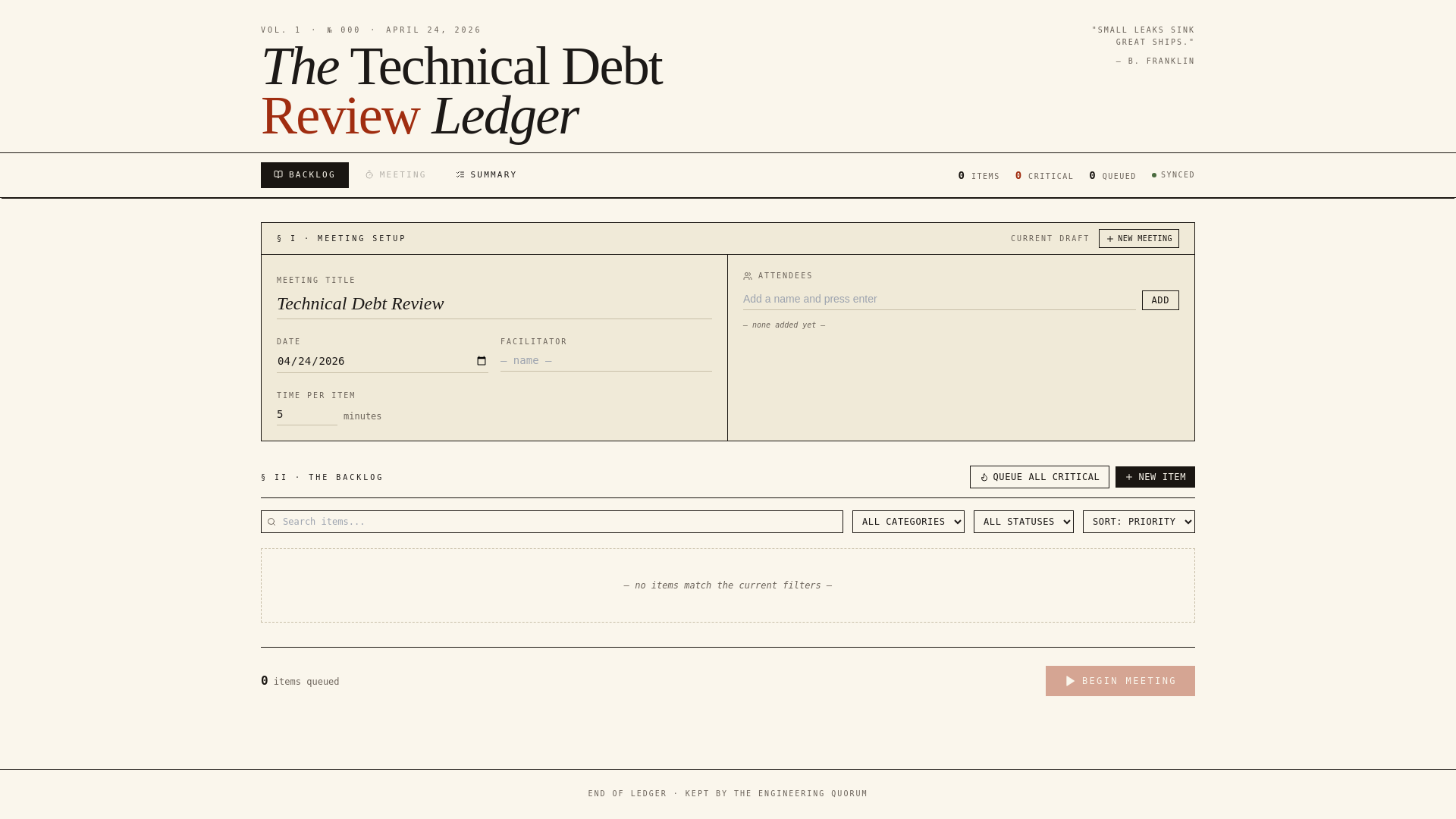 website screenshot of https://tech-debt-ledger.pages.dev/