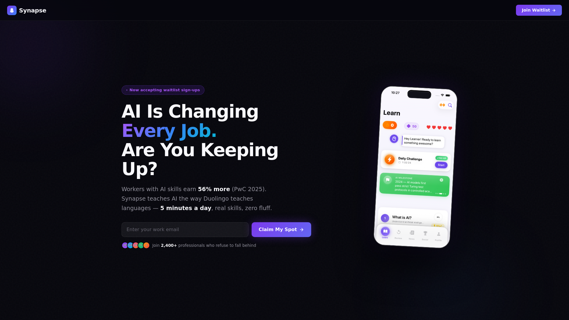 website screenshot of https://learnsynapse.app/