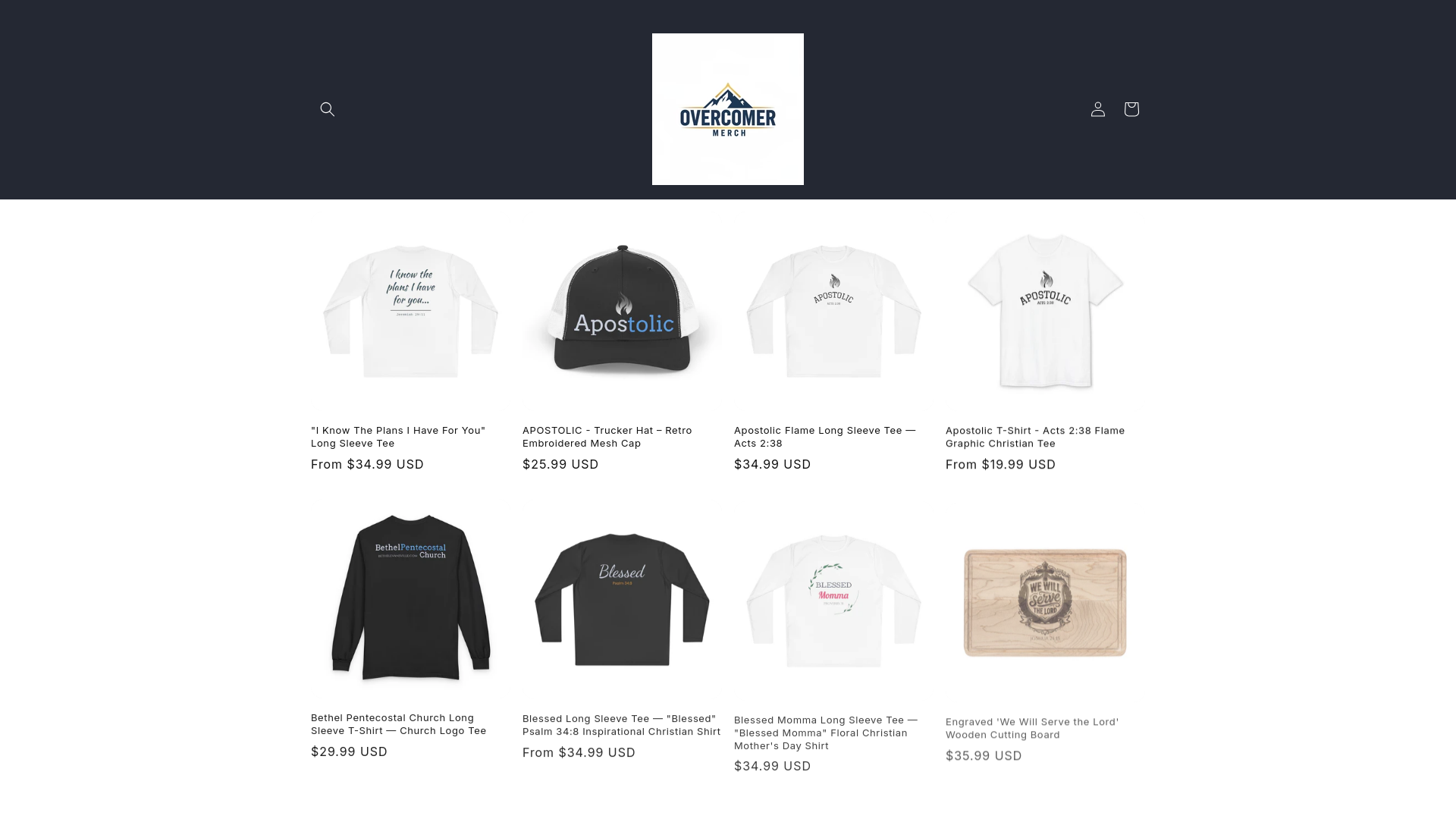 website screenshot of https://overcomermerch.com/