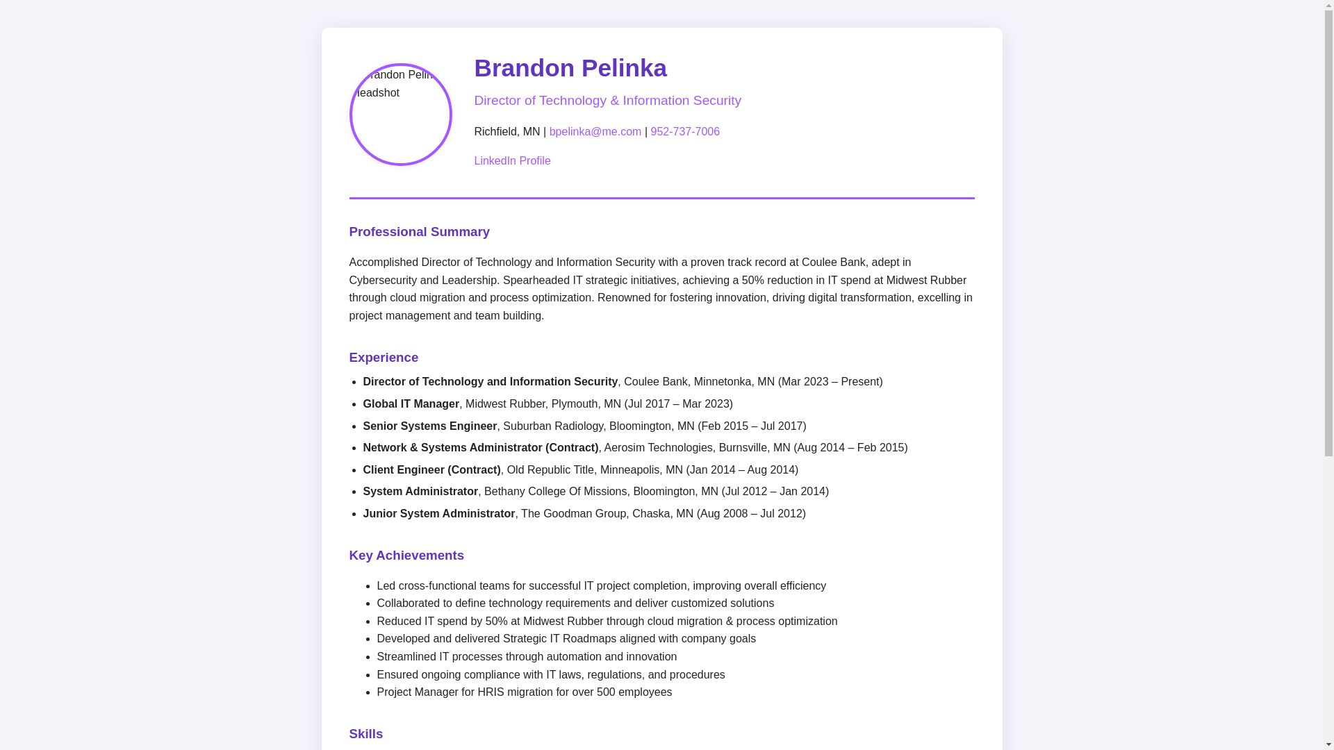 website screenshot of https://brandonpelinka.pages.dev/