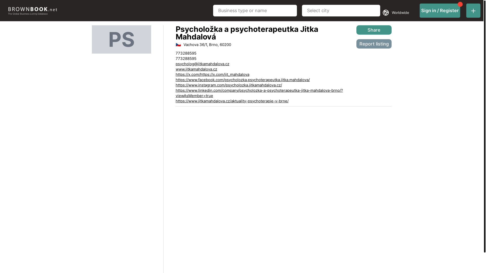 website screenshot of https://www.brownbook.net/business/54158053/psycholo%C5%BEka-a-psychoterapeutka-jitka-mahdalov%C3%A1