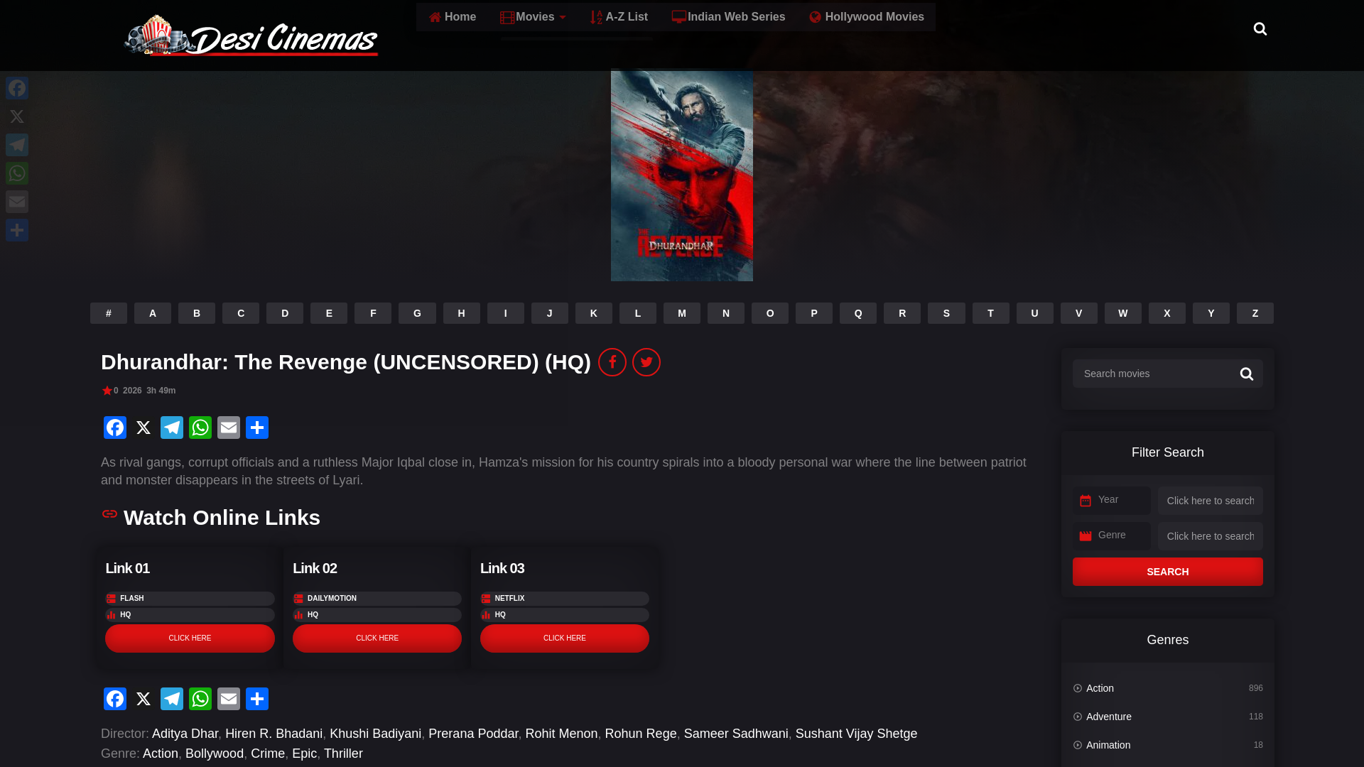 website screenshot of https://desicinemas.to/movies/dhurandhar-the-revenge-uncensored-hq/