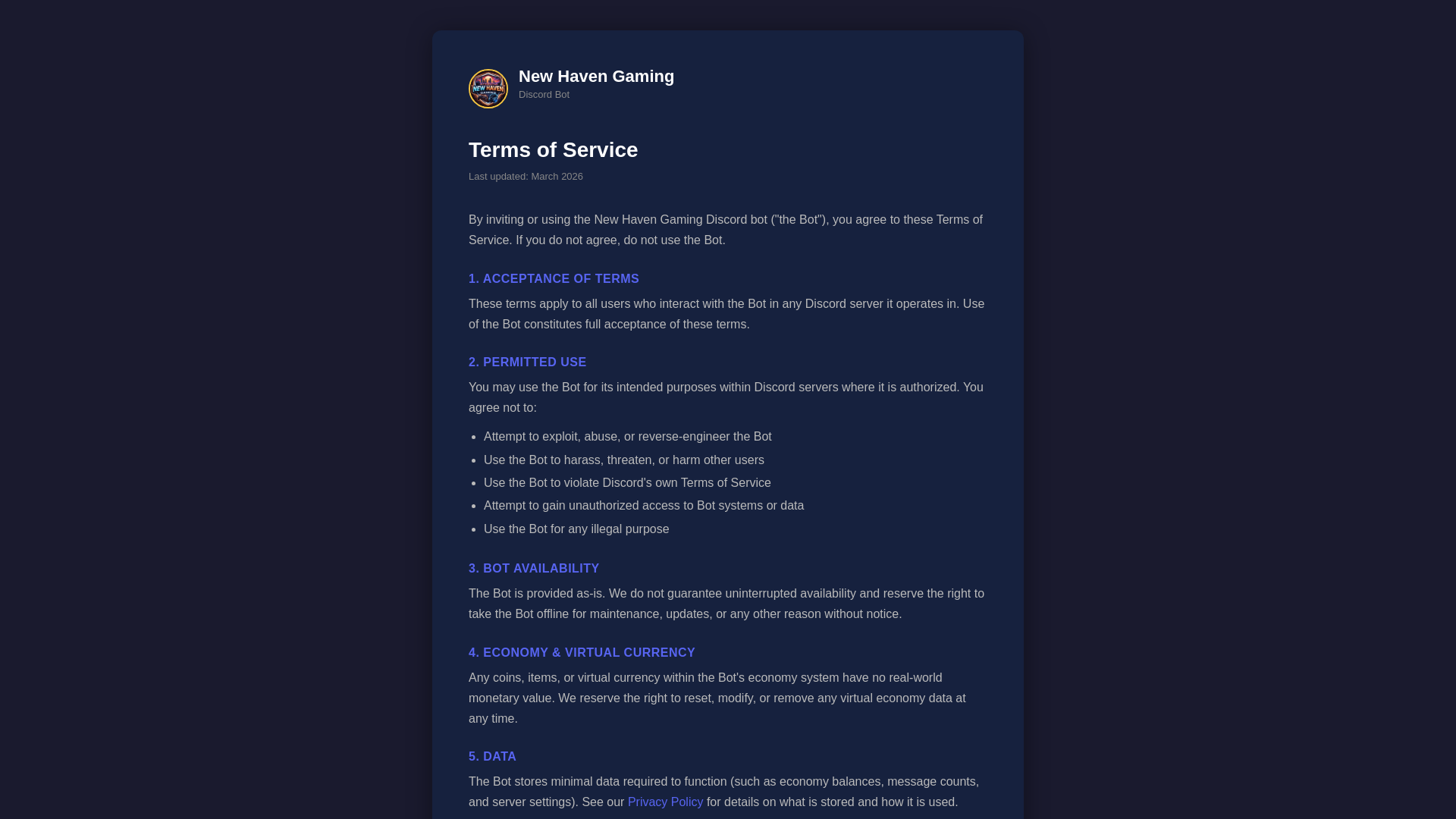 website screenshot of https://newhavengamingbot.com/