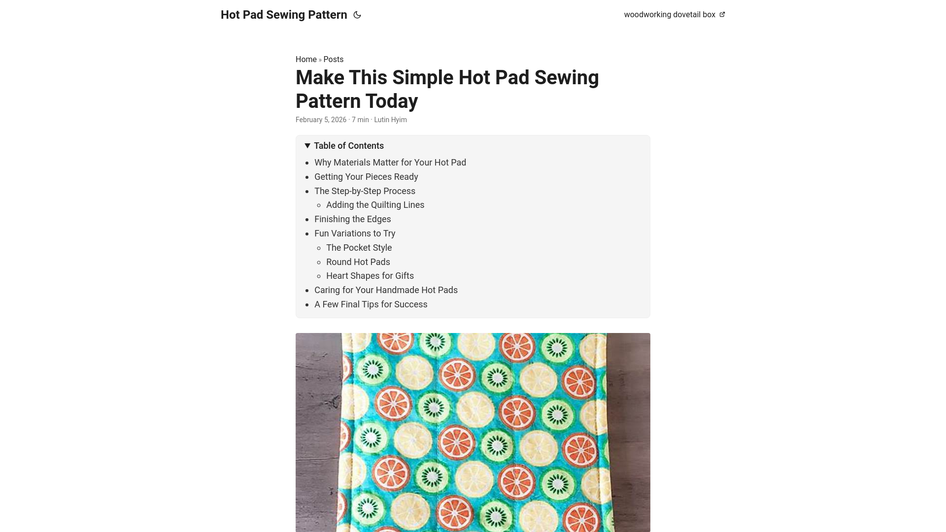 website screenshot of https://hot-pad-sewing-pattern.pages.dev/