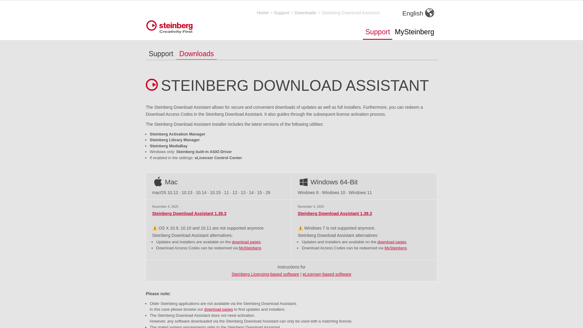 website screenshot of https://o.steinberg.net/en/support/downloads/steinberg_download_assistant.html