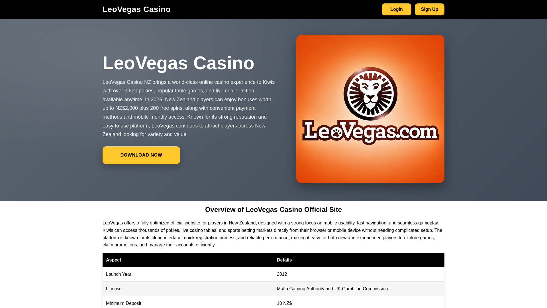 website screenshot of https://leovegascasinosnz.com/