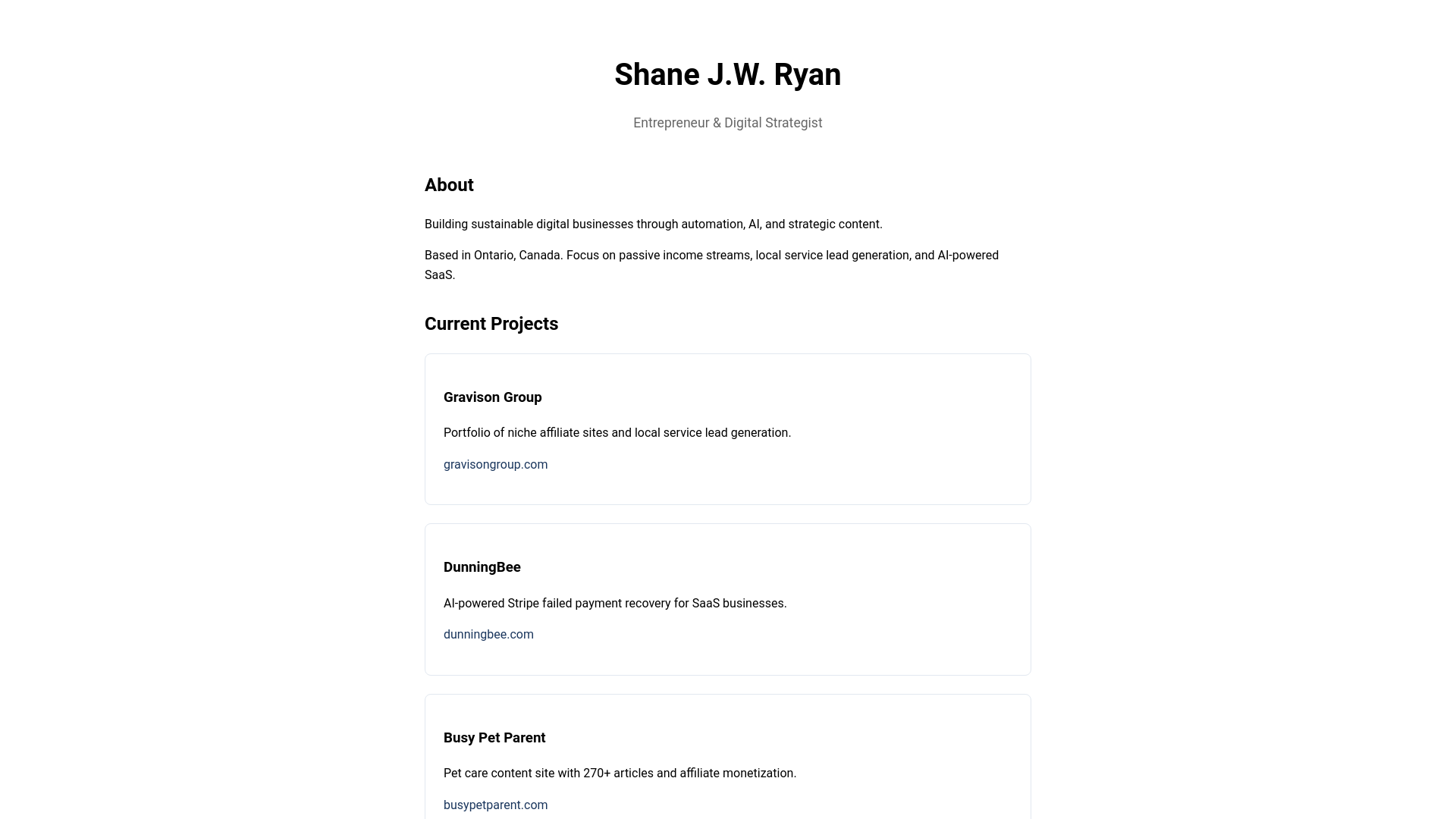 website screenshot of https://shanejwryan.com/