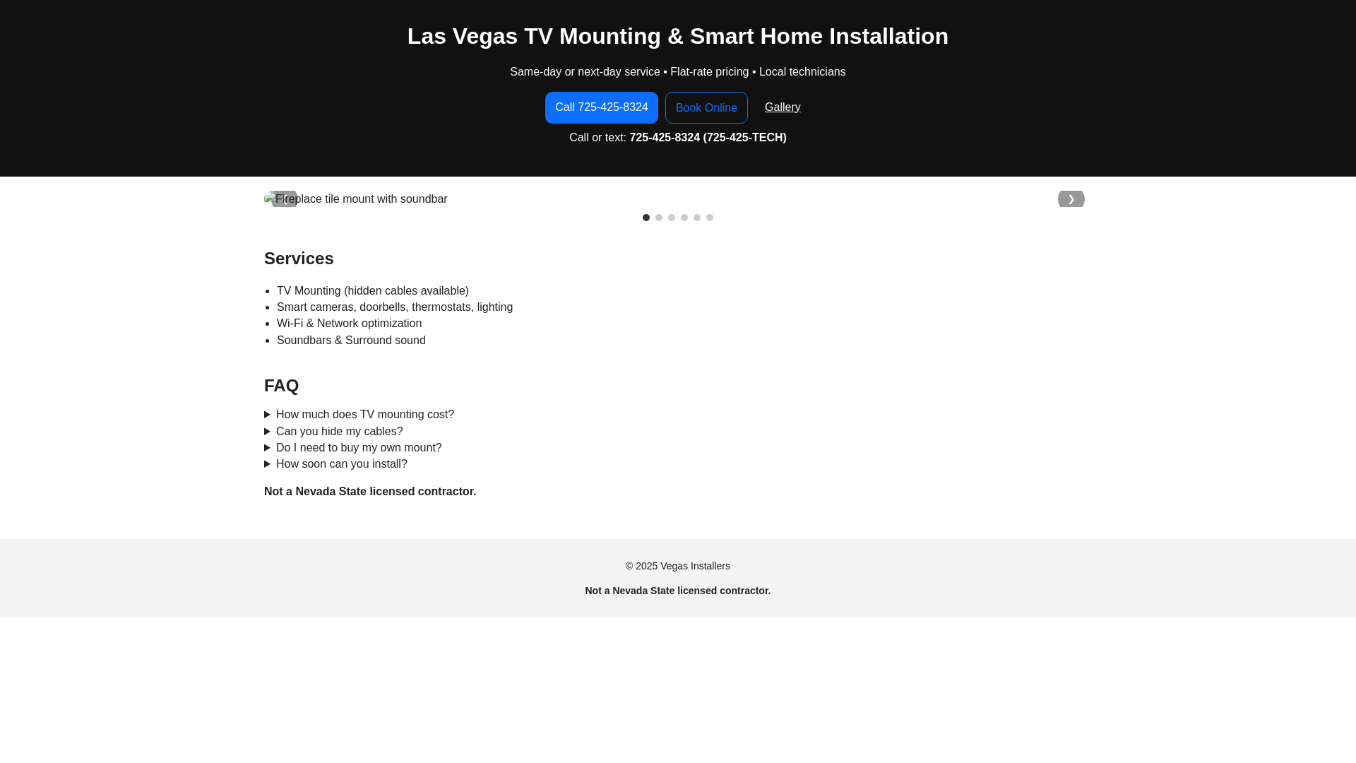 website screenshot of https://vegasinstallers.com/