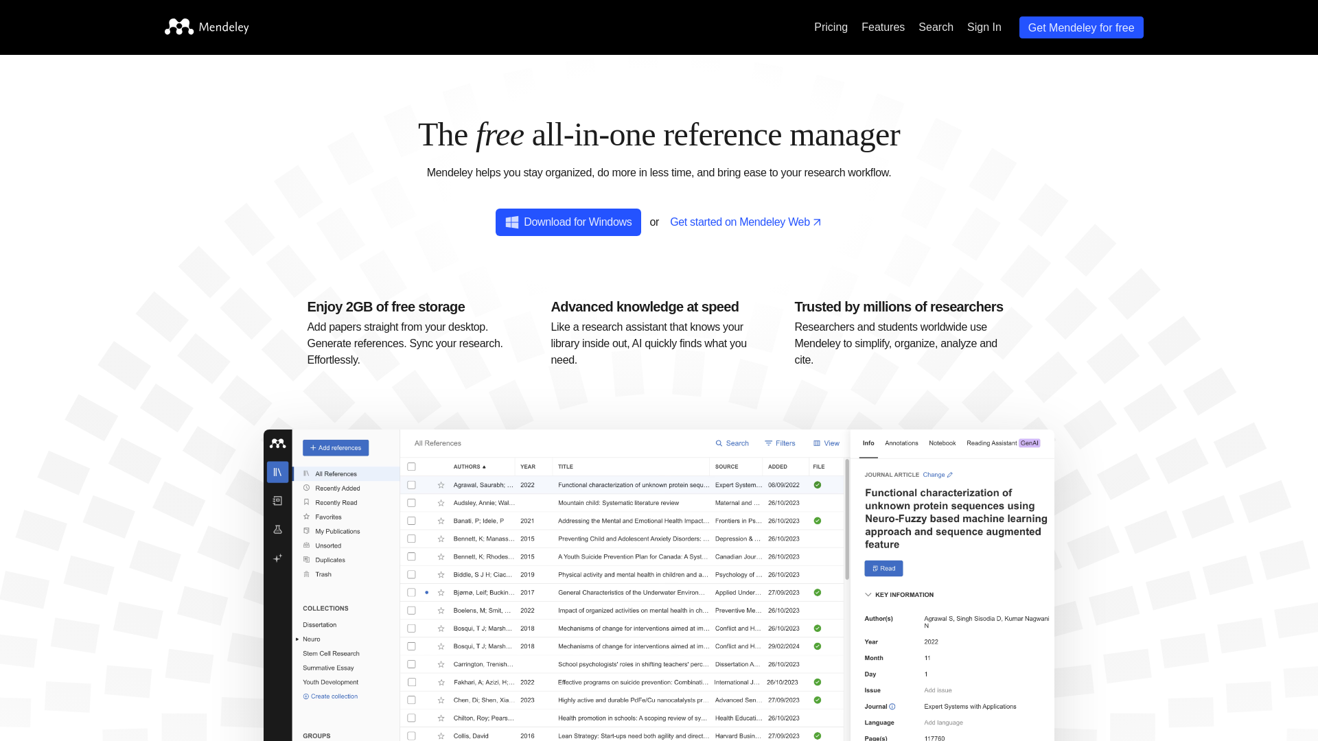 website screenshot of https://www.mendeley.com/