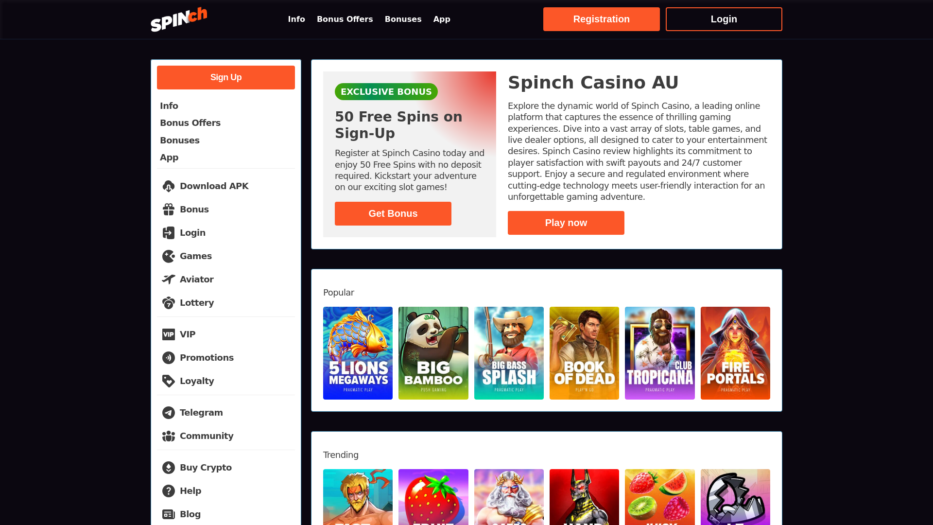 website screenshot of https://spinchcasinoau.com/