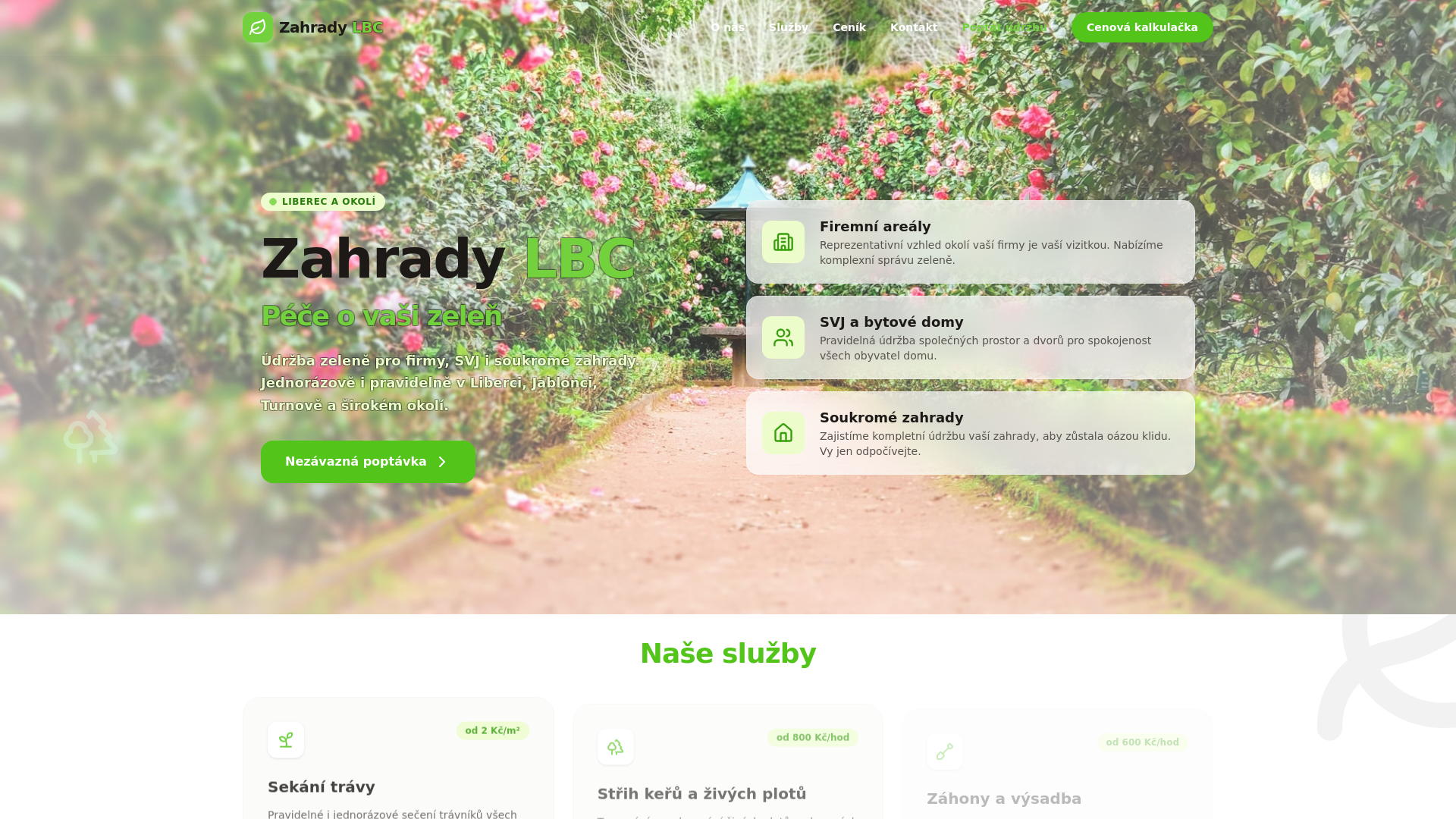 website screenshot of https://zahrady-lbc.cz/