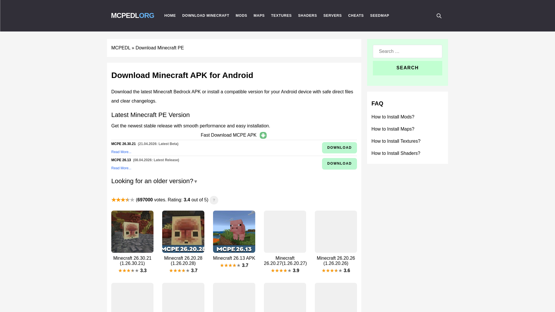 website screenshot of https://mcpedl.org/downloading/