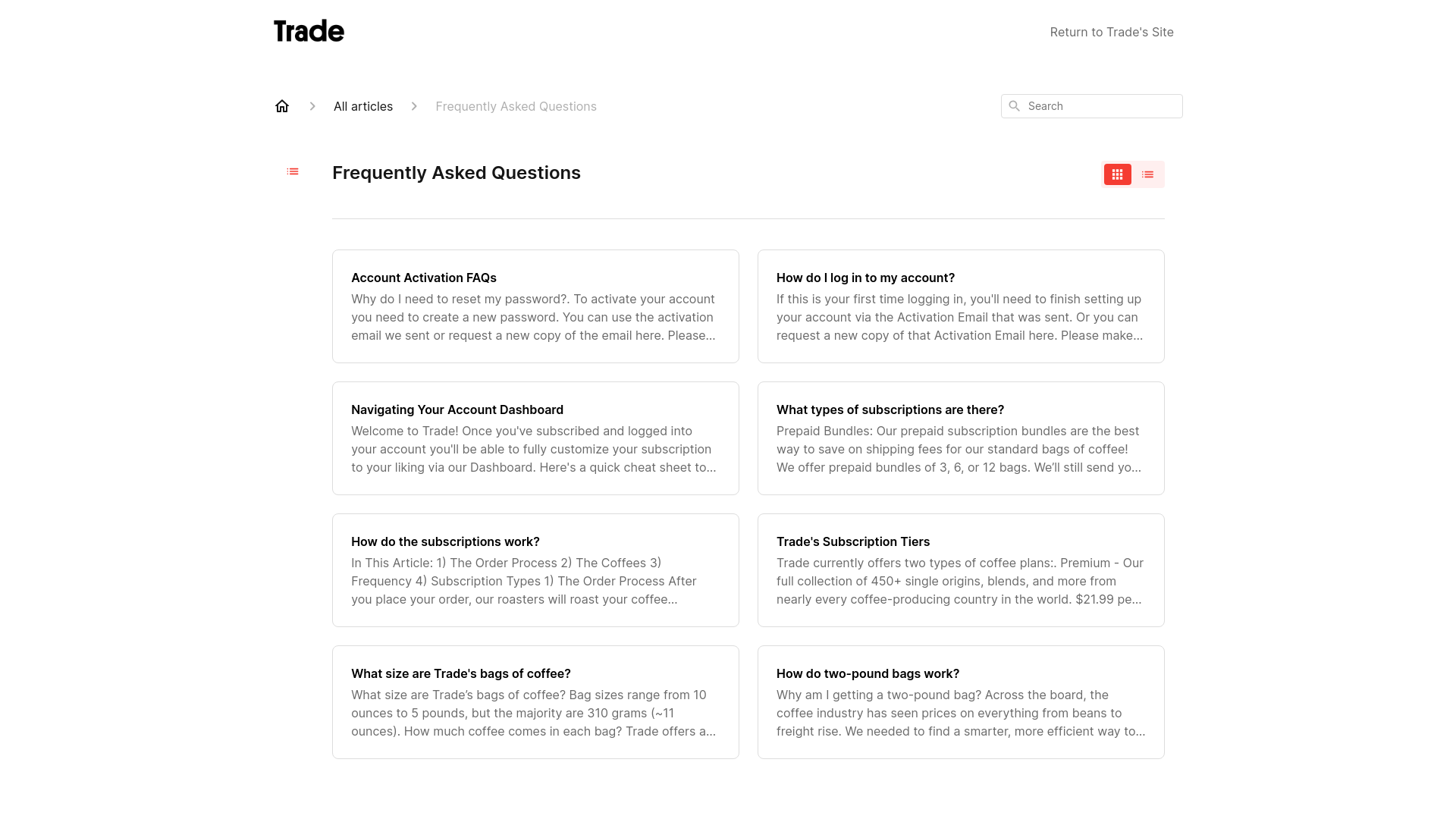 website screenshot of https://trade-coffee.gorgias.help/en-US/articles/frequently-asked-questions-93360