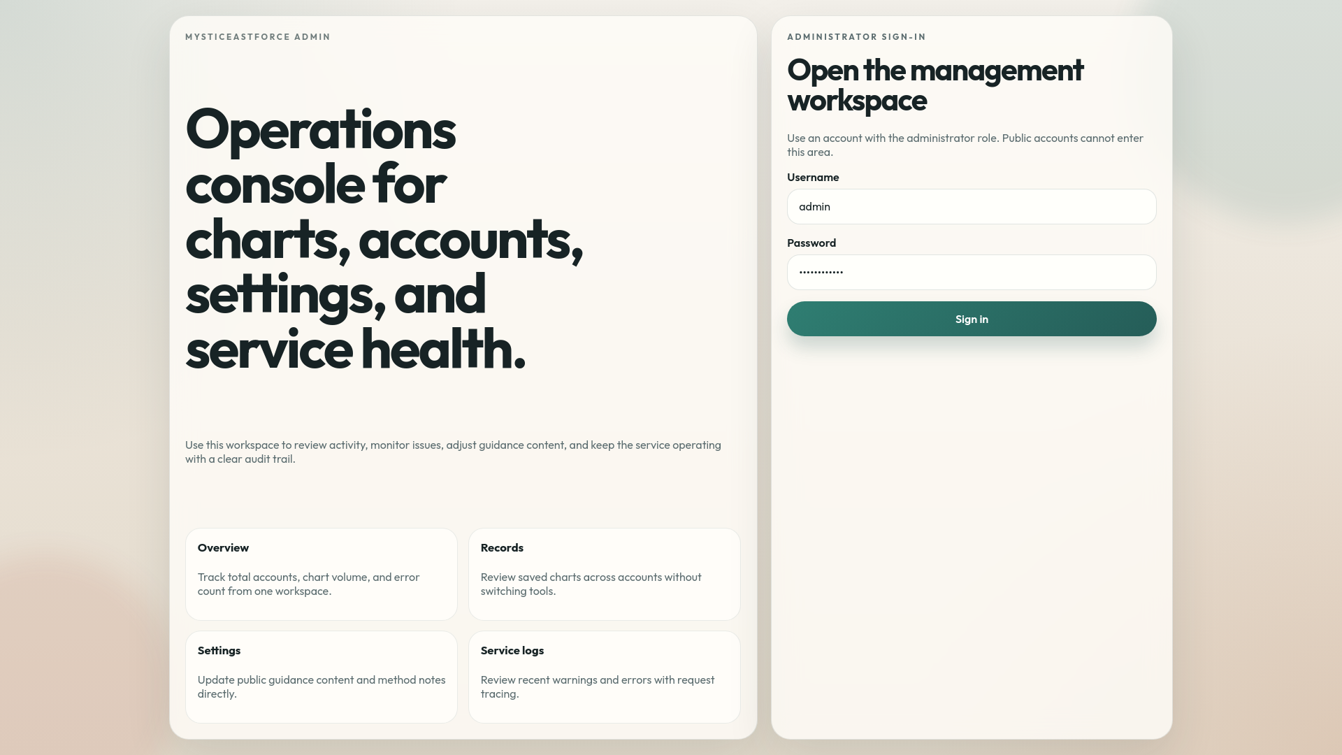 website screenshot of https://mysticeastforce-admin.pages.dev/