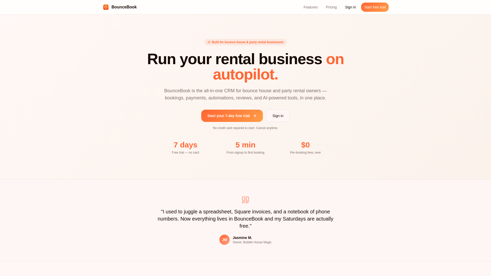 website screenshot of https://bouncebookcrm.com/