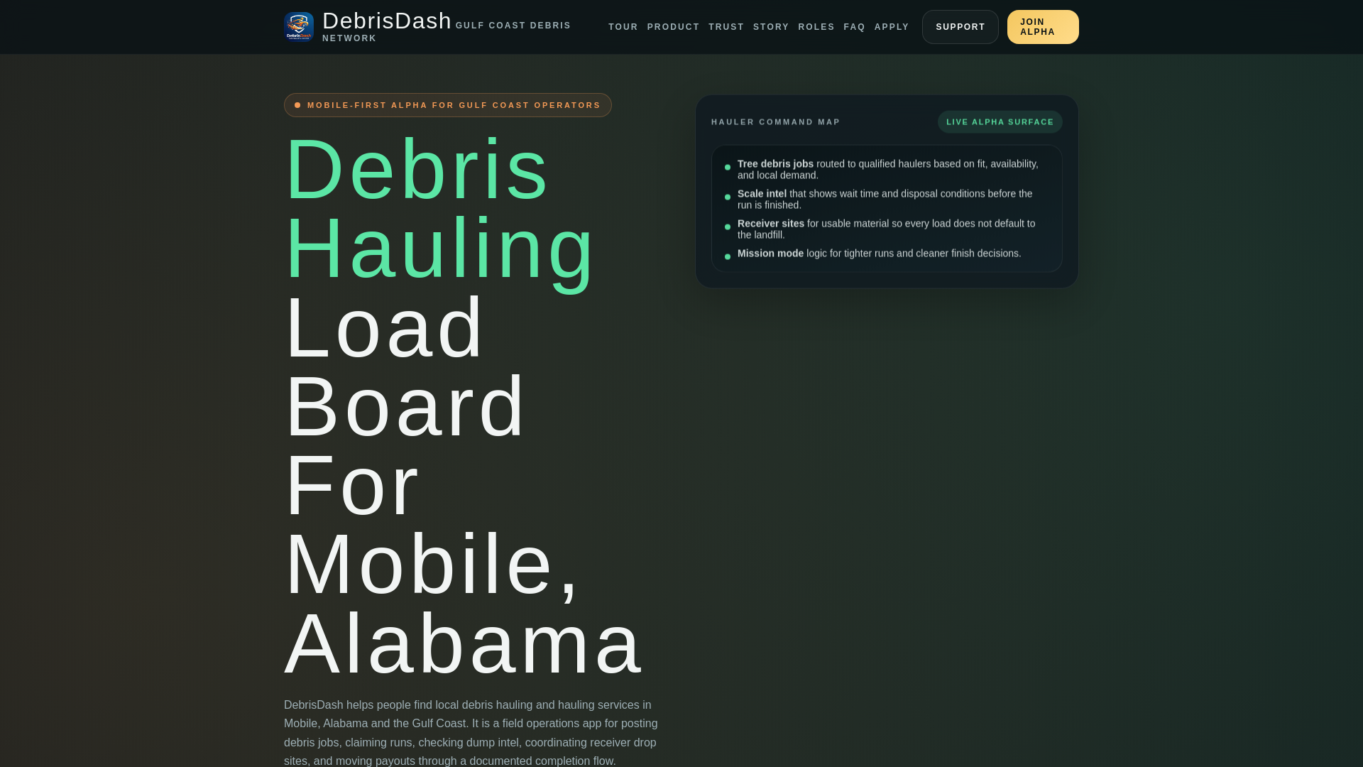 website screenshot of https://debrisdash.app/