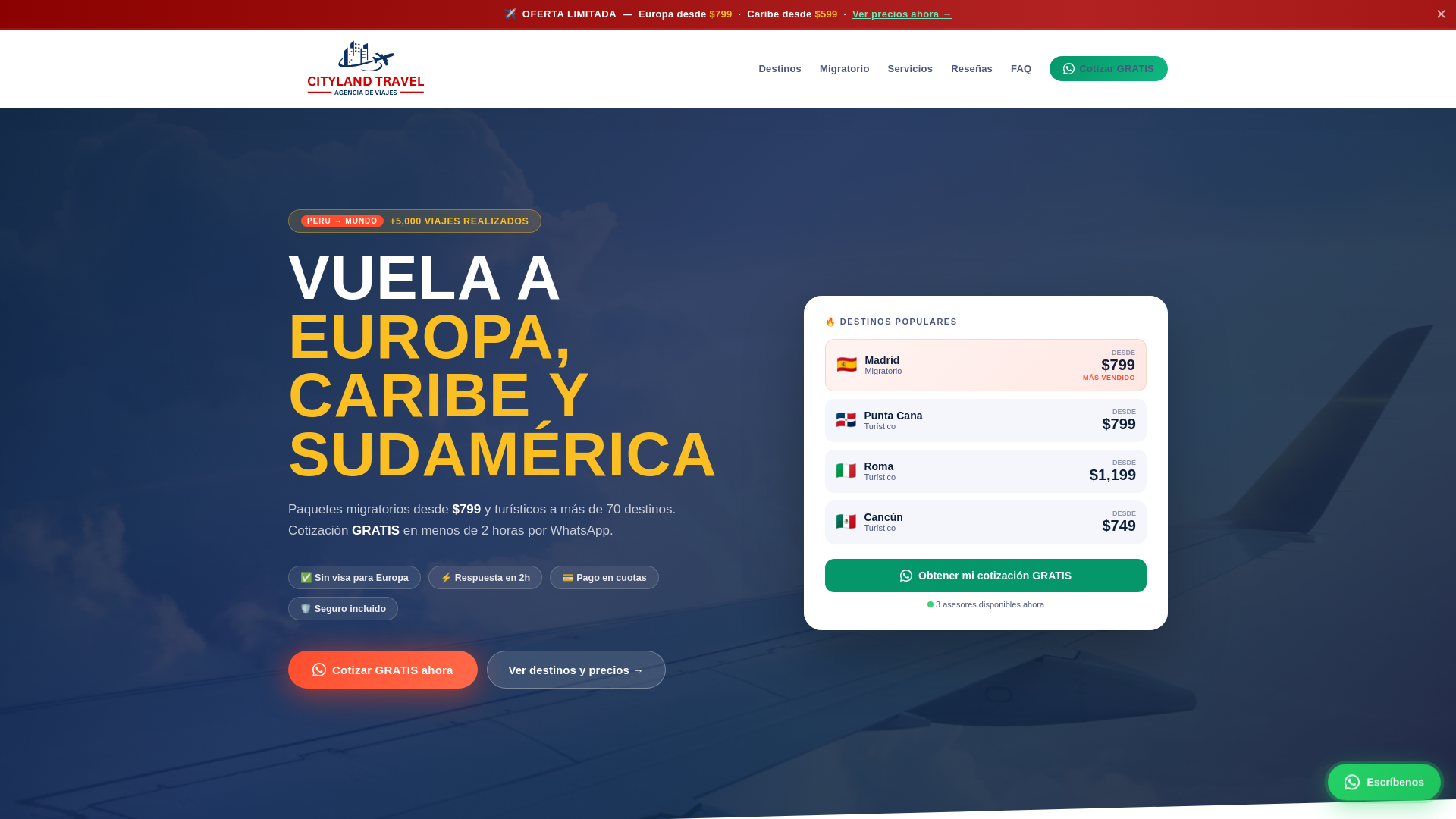 website screenshot of https://citylandtravelpe.com/