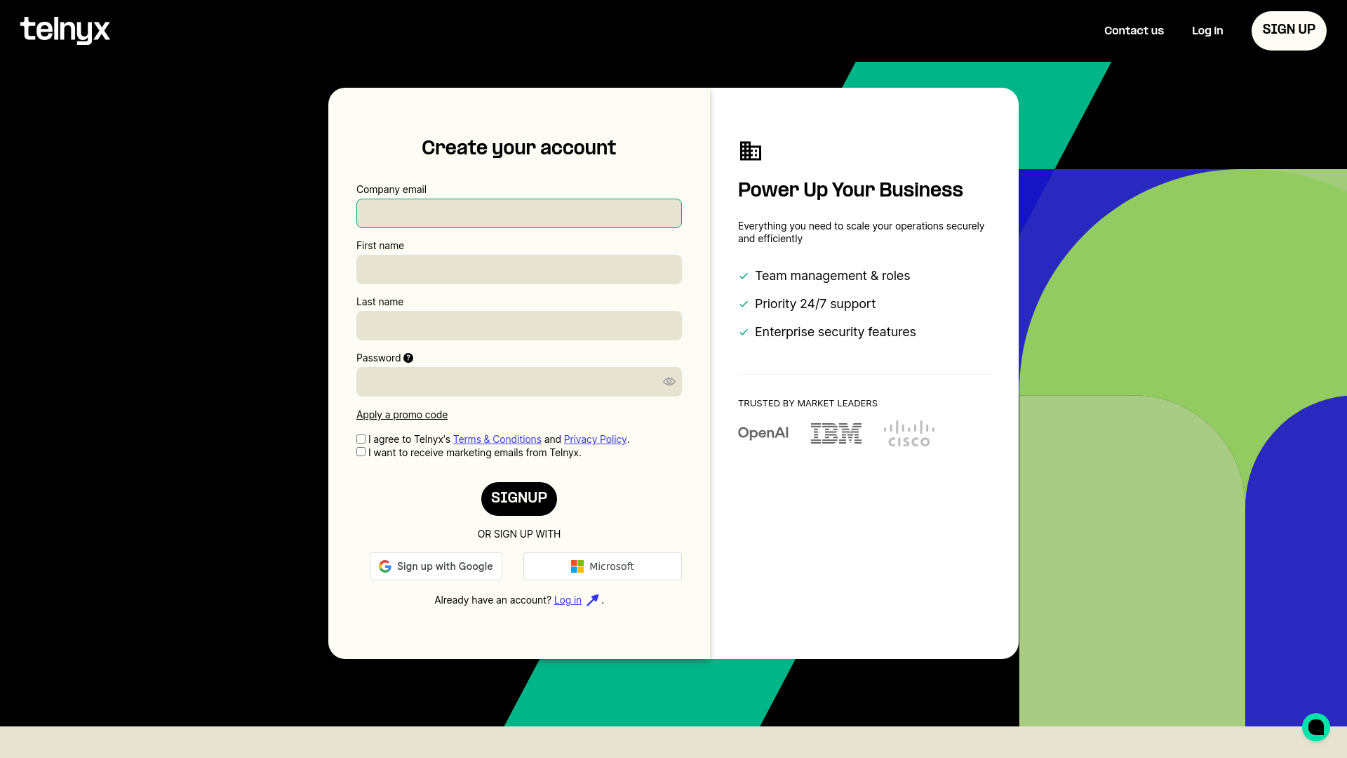 website screenshot of https://telnyx.com/sign-up