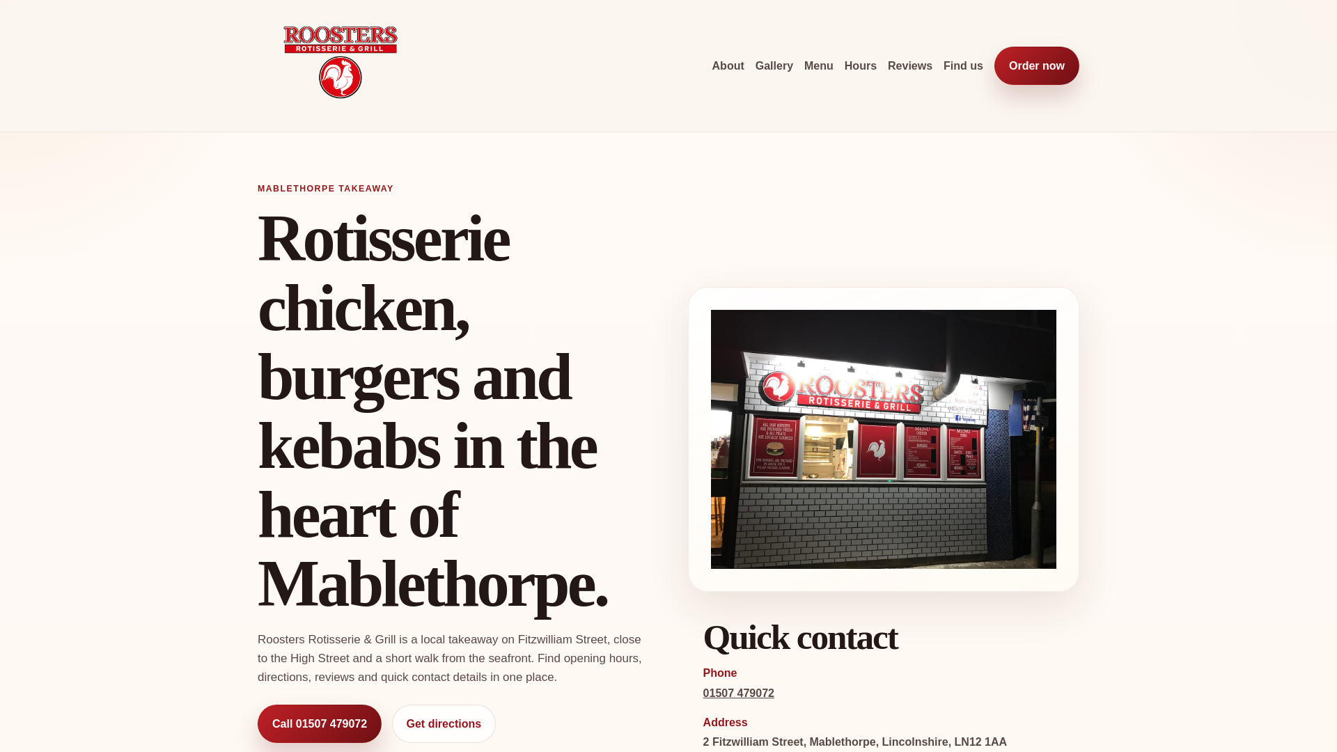 website screenshot of https://roostersmablethorpe.uk