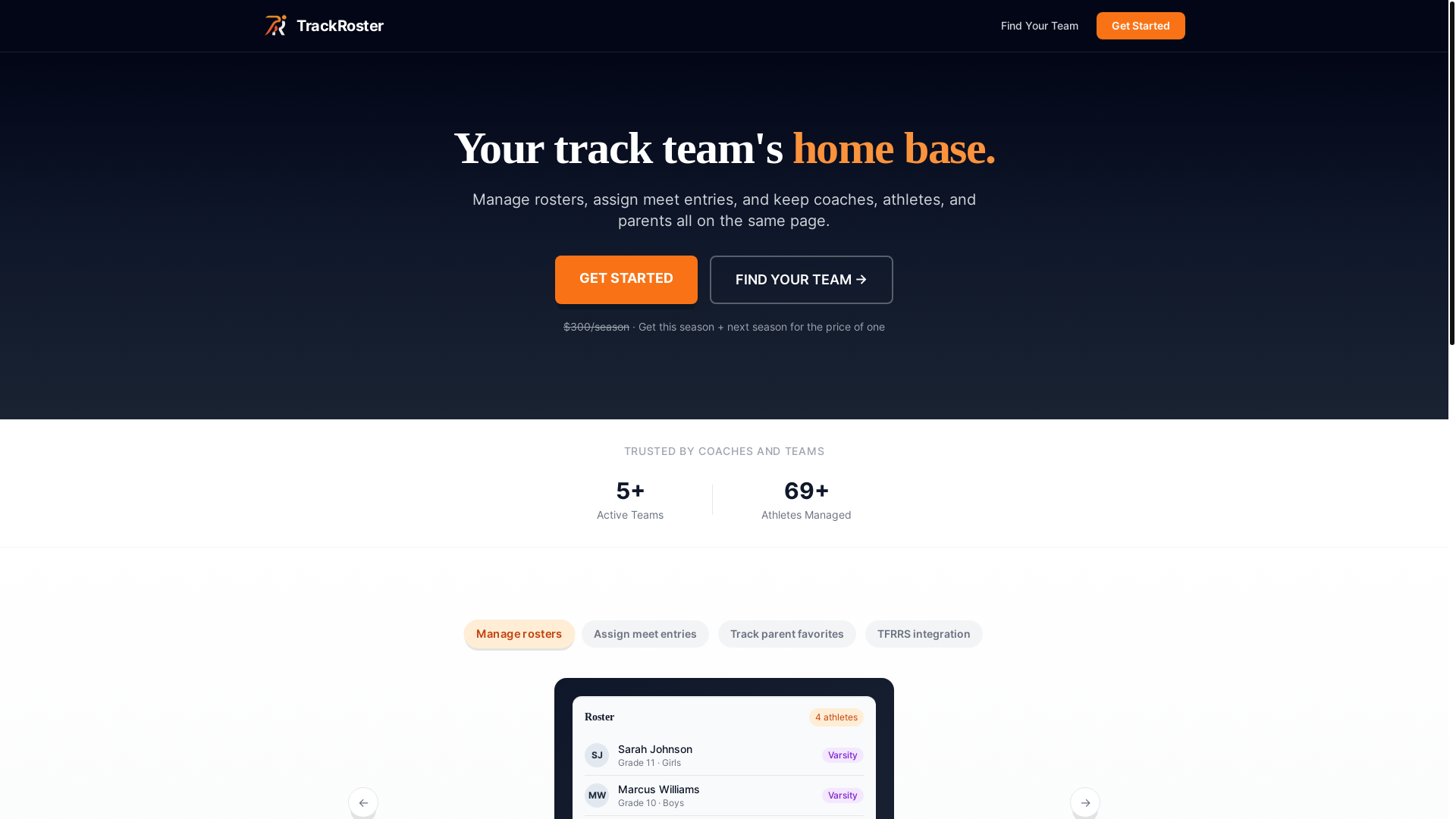 website screenshot of https://mytrackroster.com/