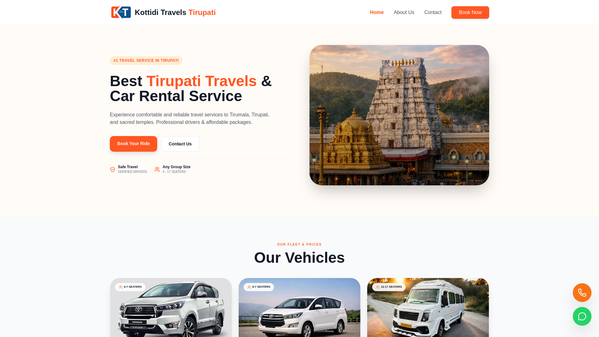 website screenshot of https://kottiditravelstirupati.in/