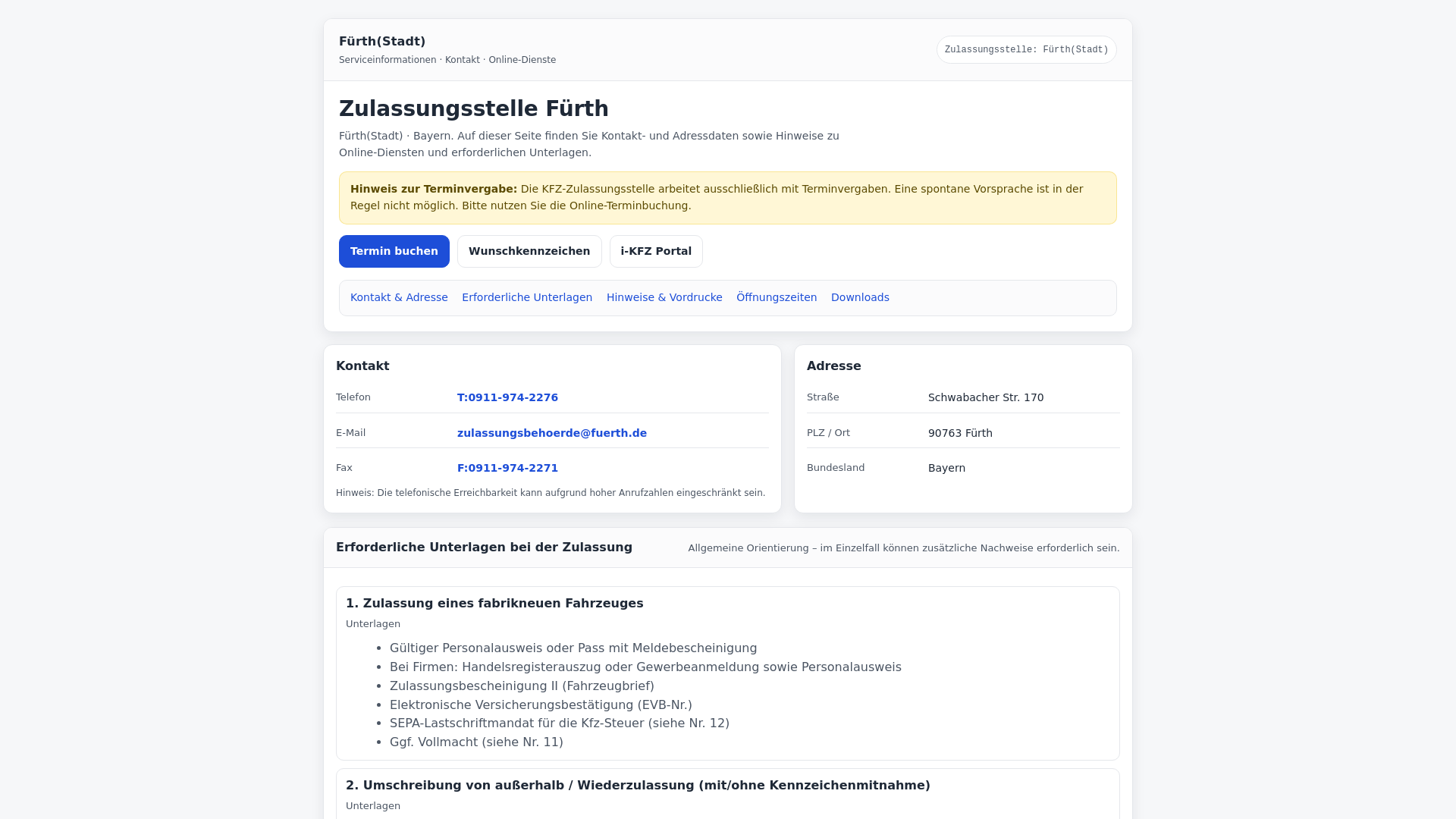 website screenshot of https://zulassungsstelle-fuerth.de
