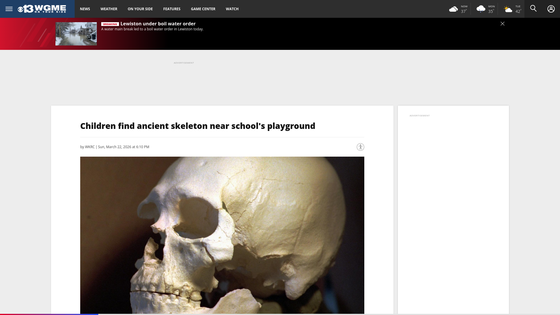 website screenshot of https://wgme.com/news/nation-world/children-find-ancient-skeleton-near-schools-playground-dijon-france-gauls-josephine-baker-primary-school-national-institute-preventive-archaeological-research-inrap-history