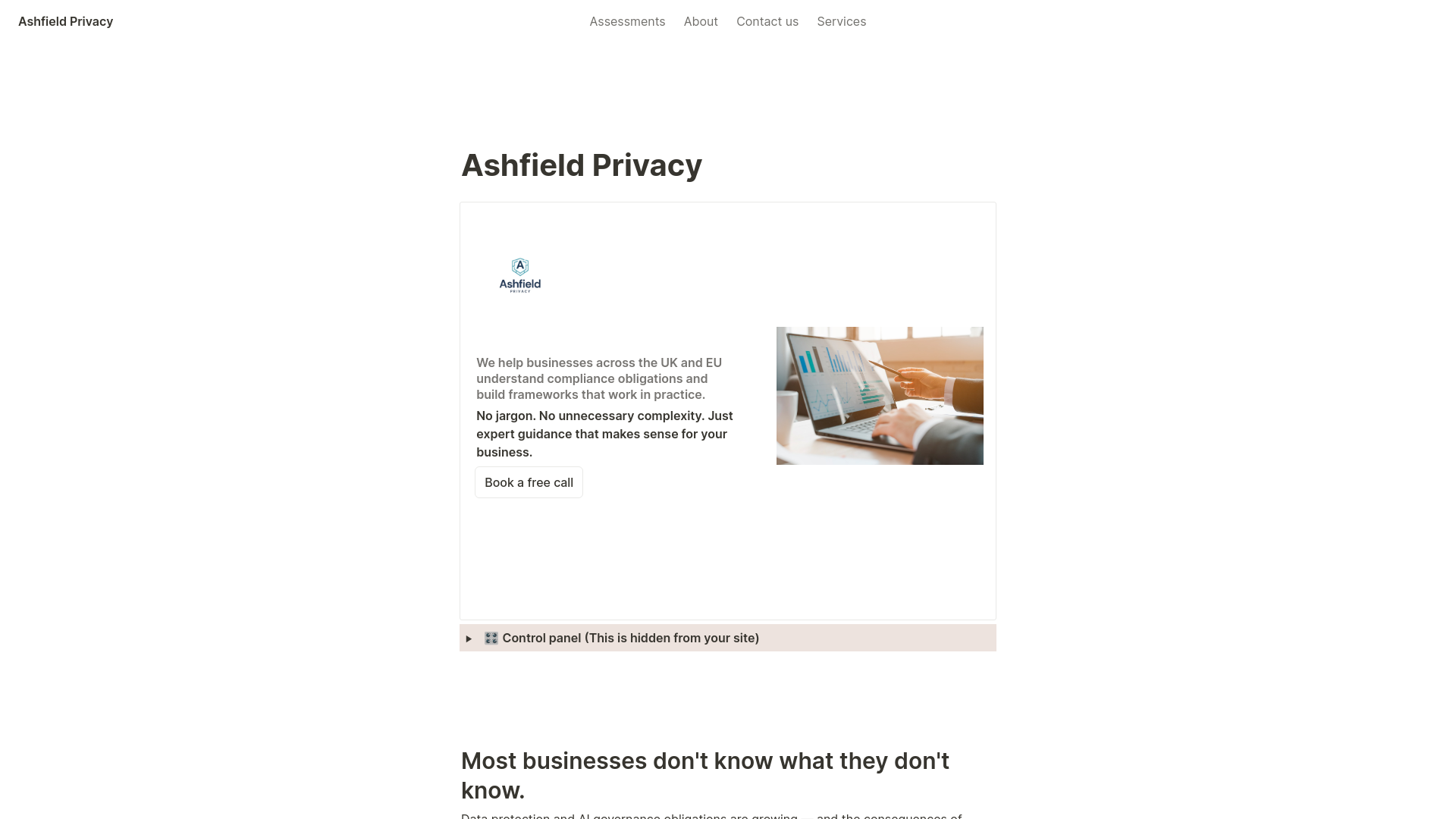 website screenshot of https://ashfieldprivacy.com/