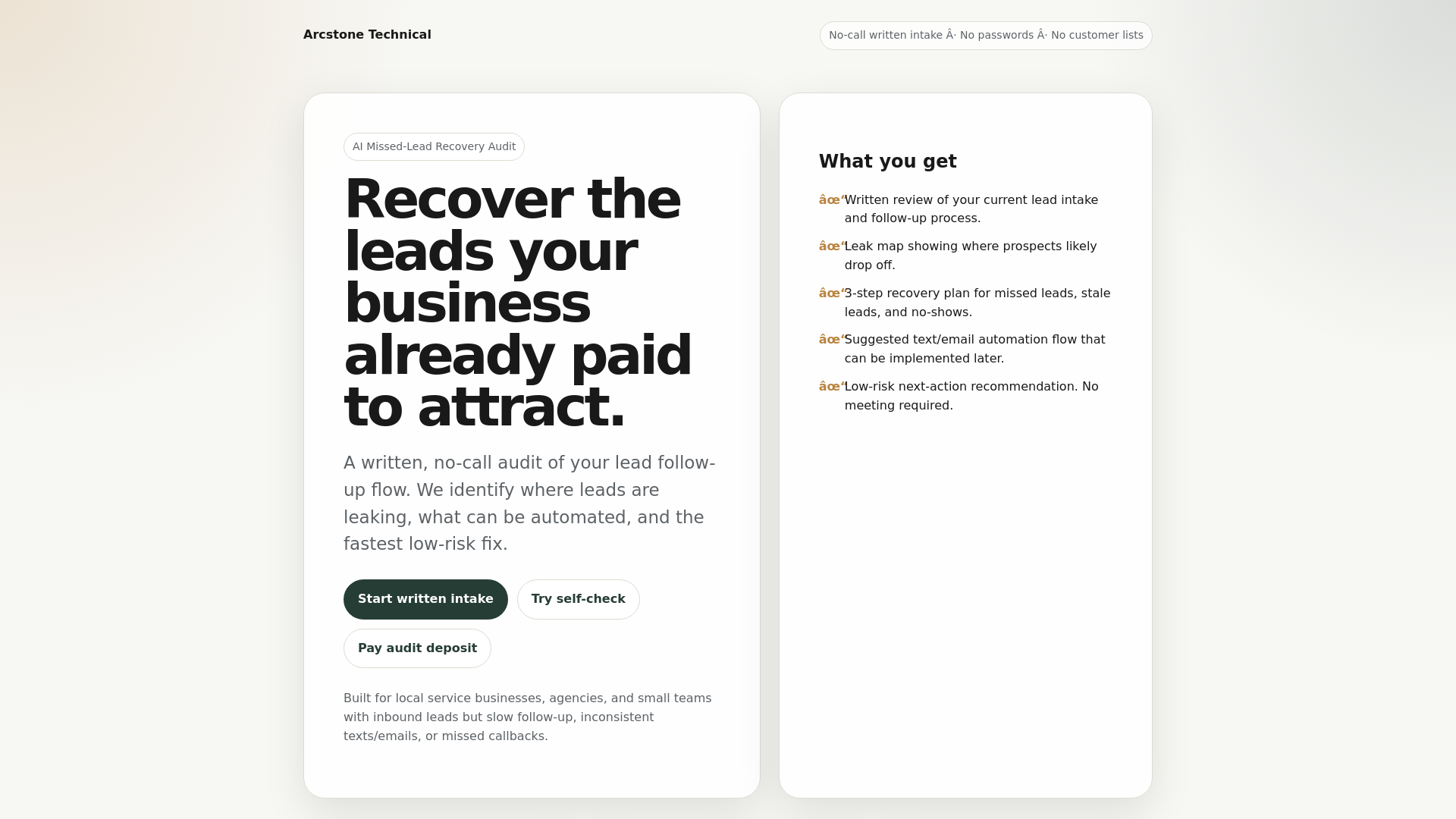 website screenshot of https://arcstone-missed-lead-audit.pages.dev/