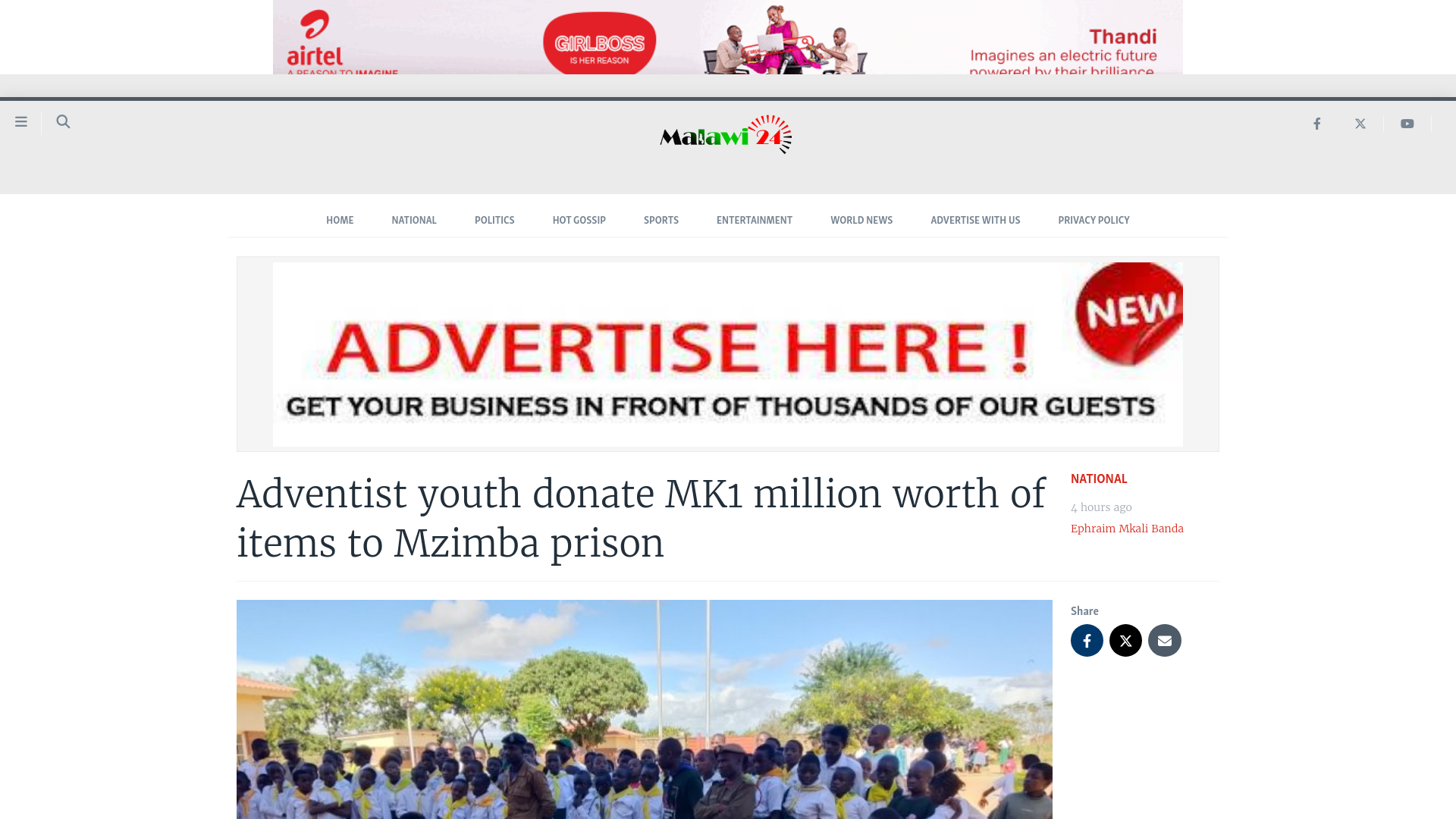 website screenshot of https://malawi24.com/2026/03/23/adventist-youth-donate-mk1-million-worth-of-items-to-mzimba-prison/