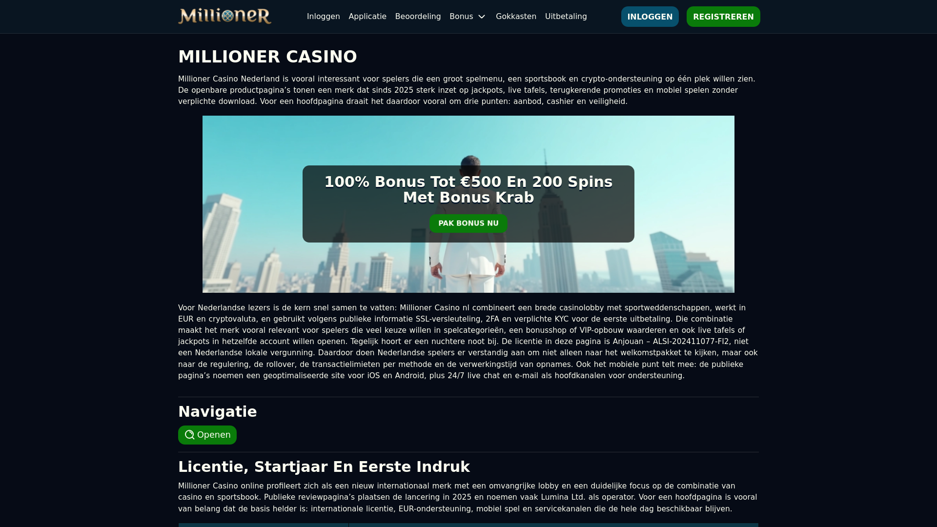 website screenshot of https://casinomillioner.org/