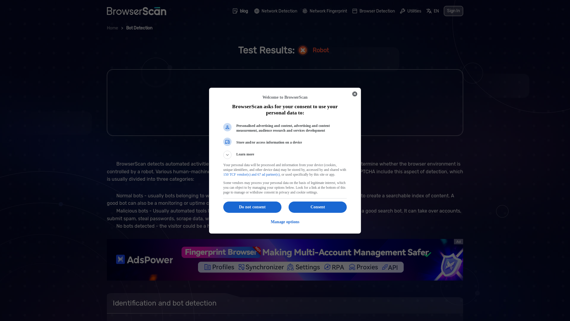 website screenshot of https://www.browserscan.net/bot-detection
