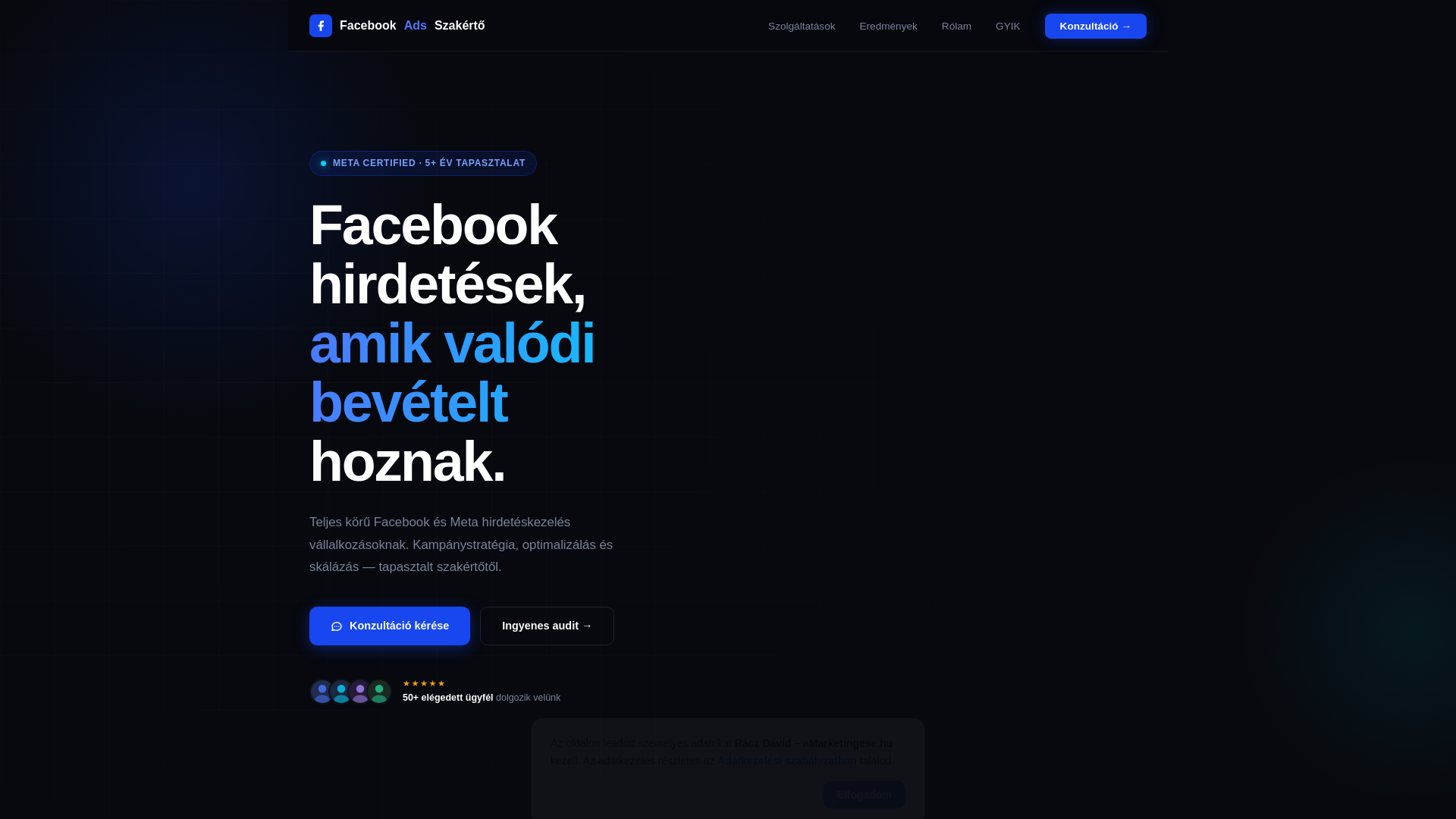 website screenshot of https://facebookhirdeteskezelo.hu