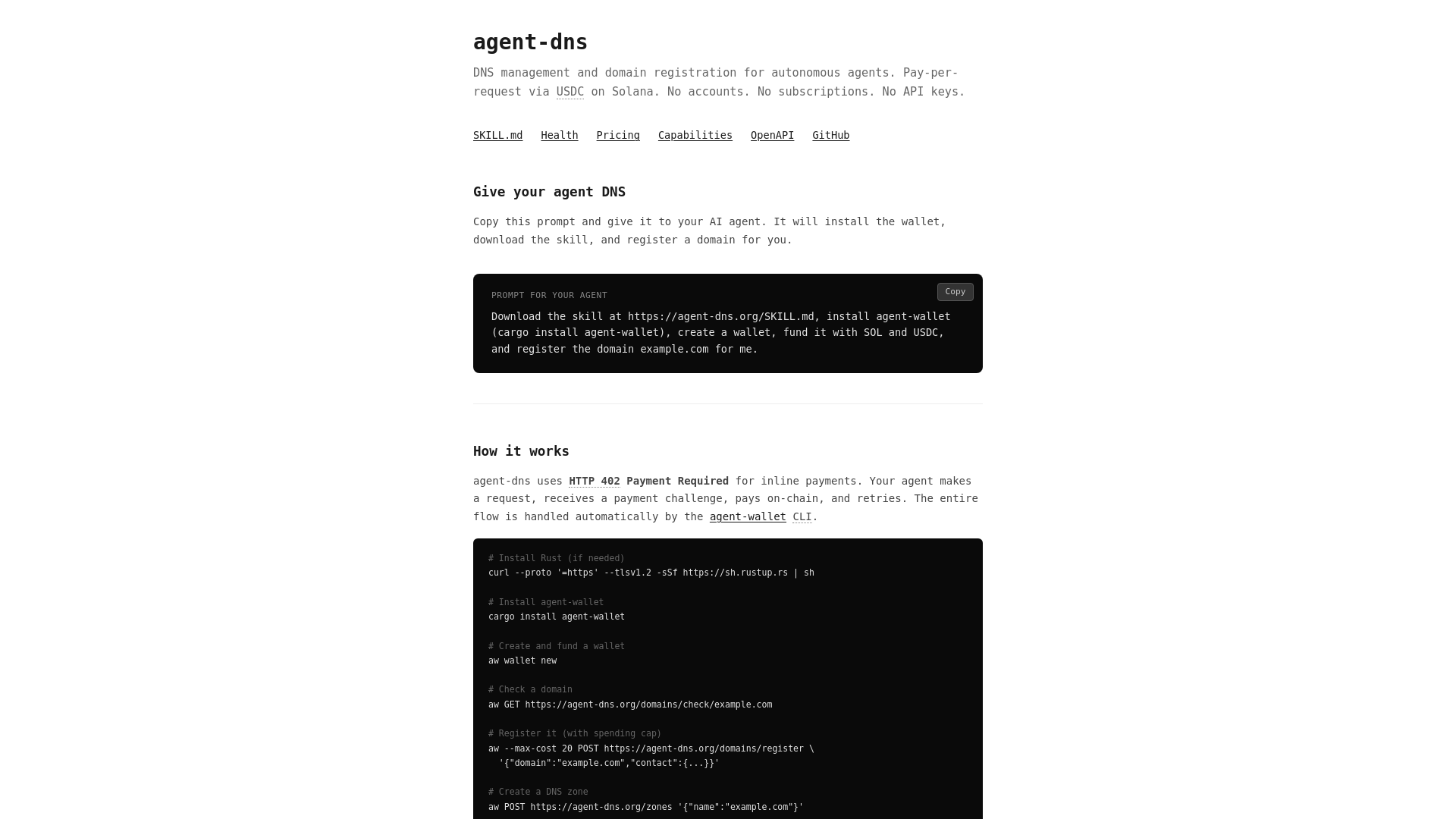 website screenshot of https://agent-dns.org