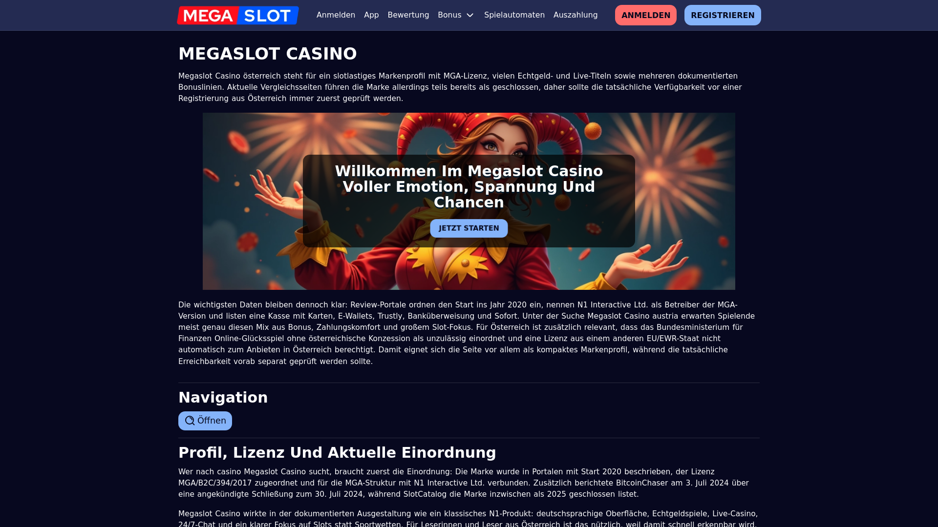 website screenshot of https://megaslotcasino.at/