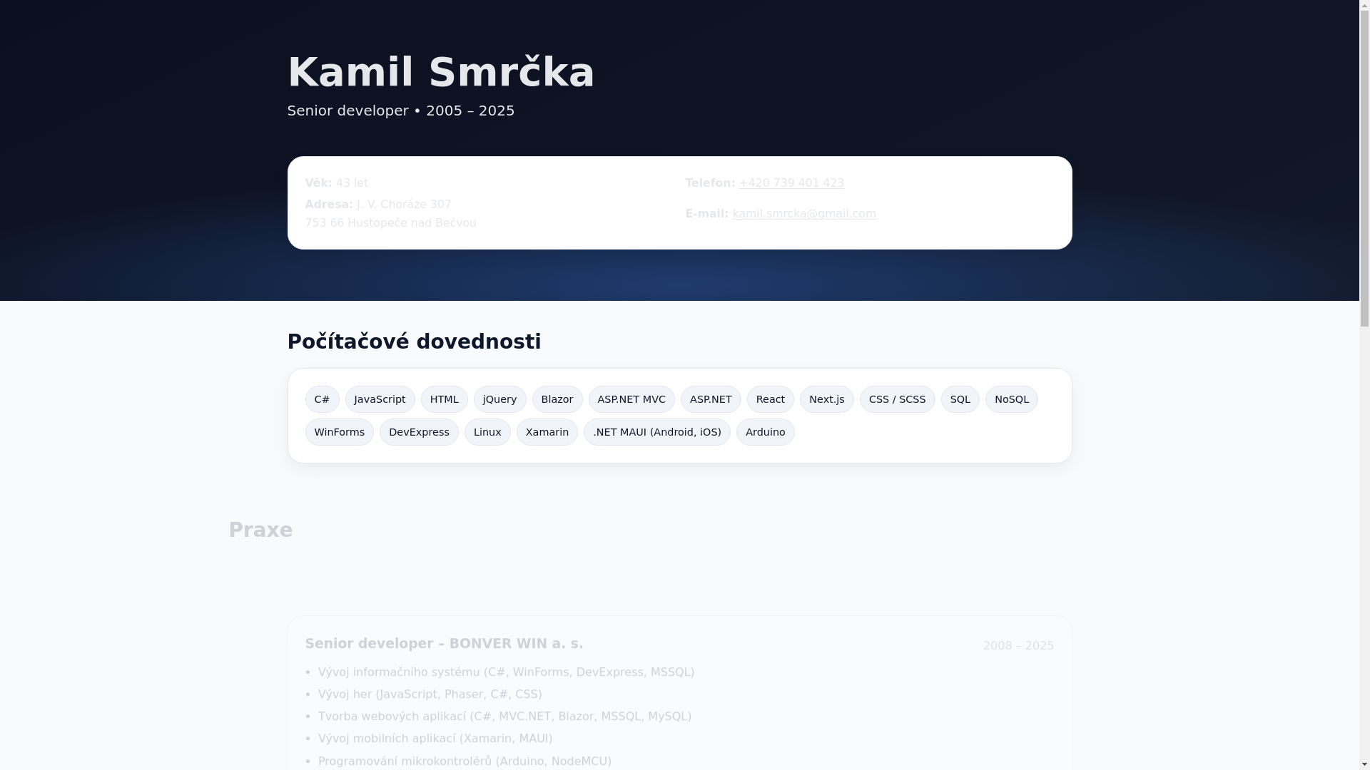 website screenshot of https://kamilsmrcka.eu/