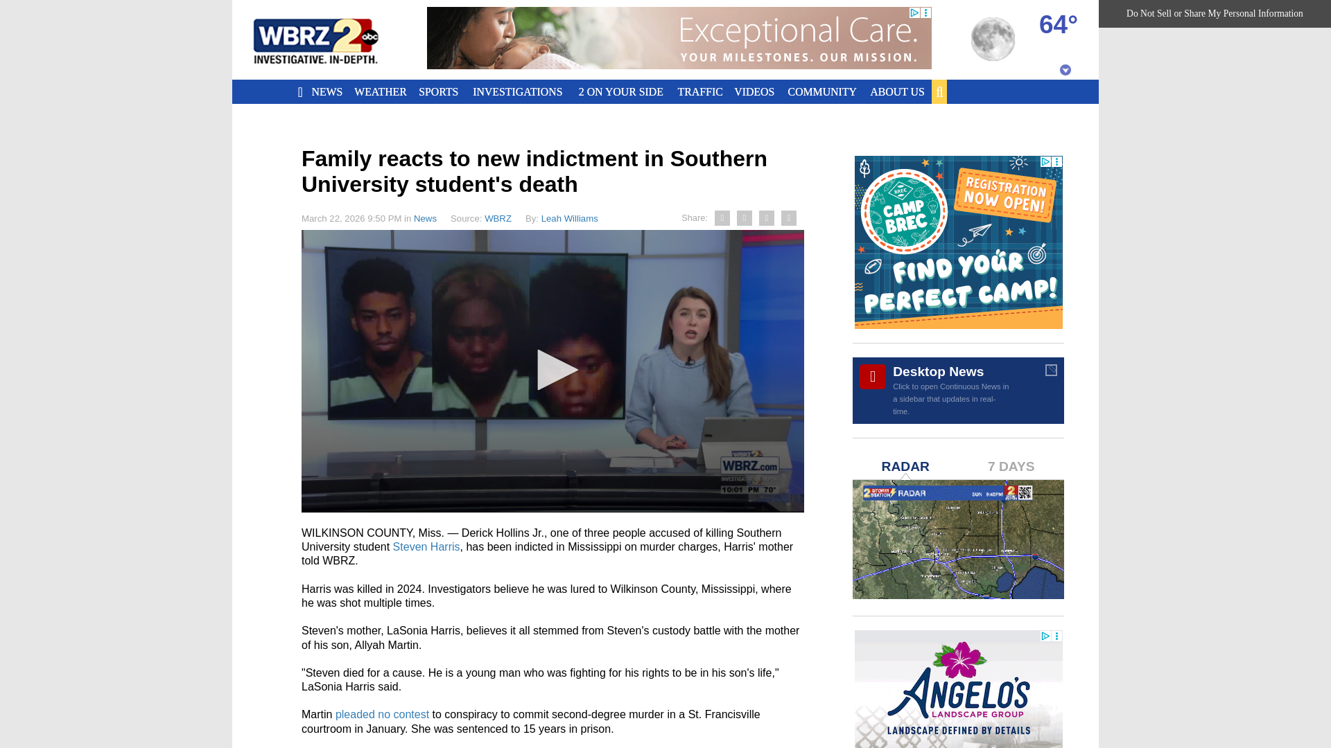 website screenshot of https://www.wbrz.com/news/family-reacts-to-new-indictment-in-southern-university-student-s-death