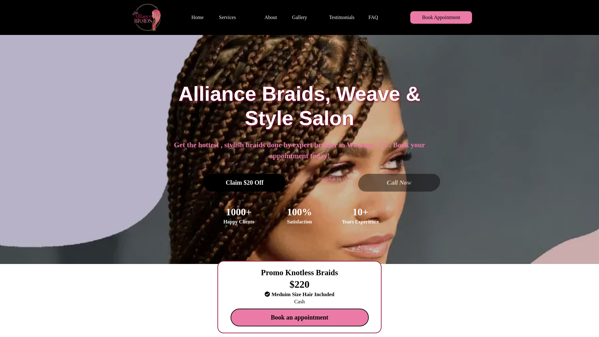 website screenshot of https://alliancebraidsandweaves.com
