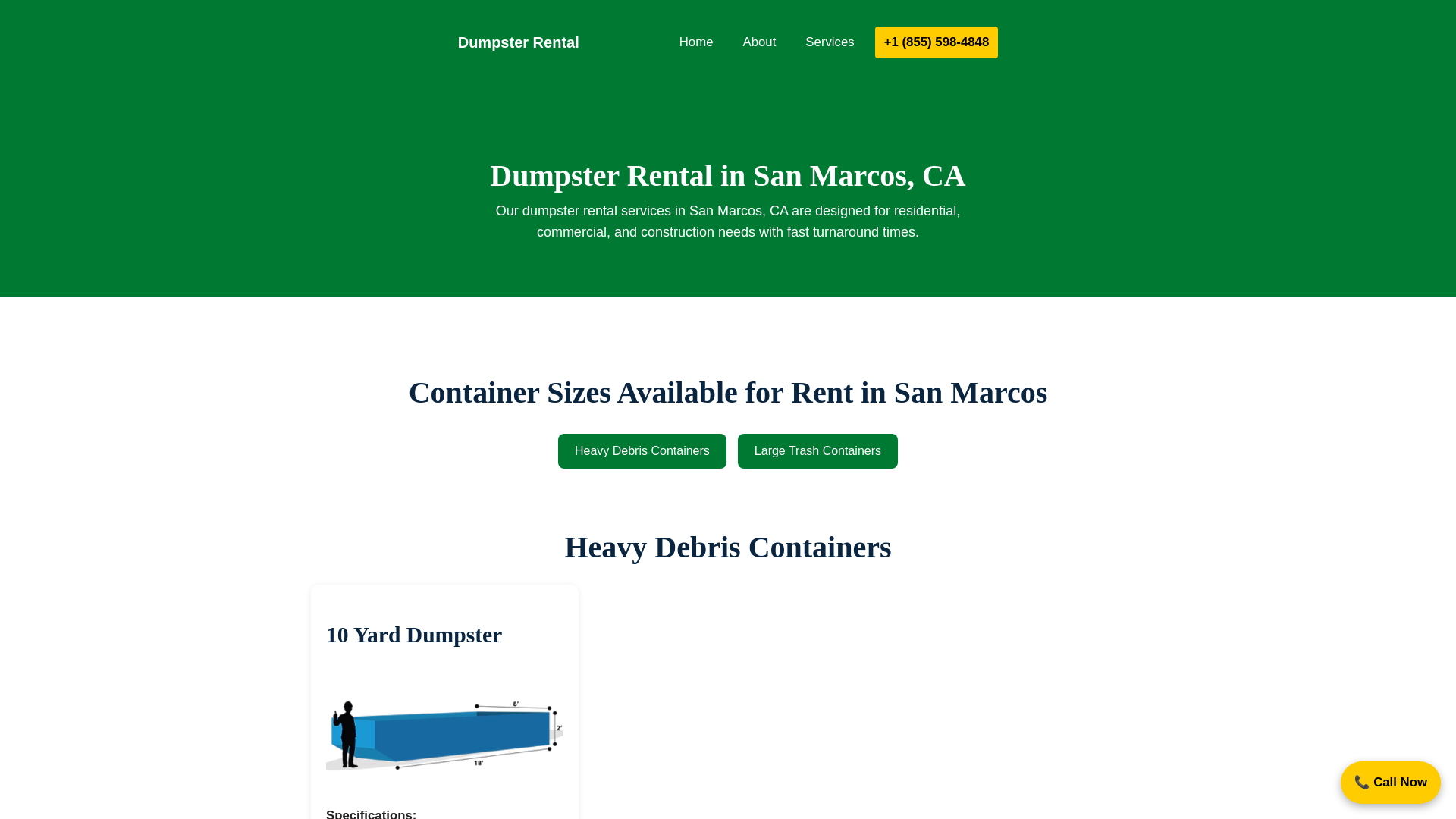 website screenshot of https://dumpsterrental-sanmarcos.com/