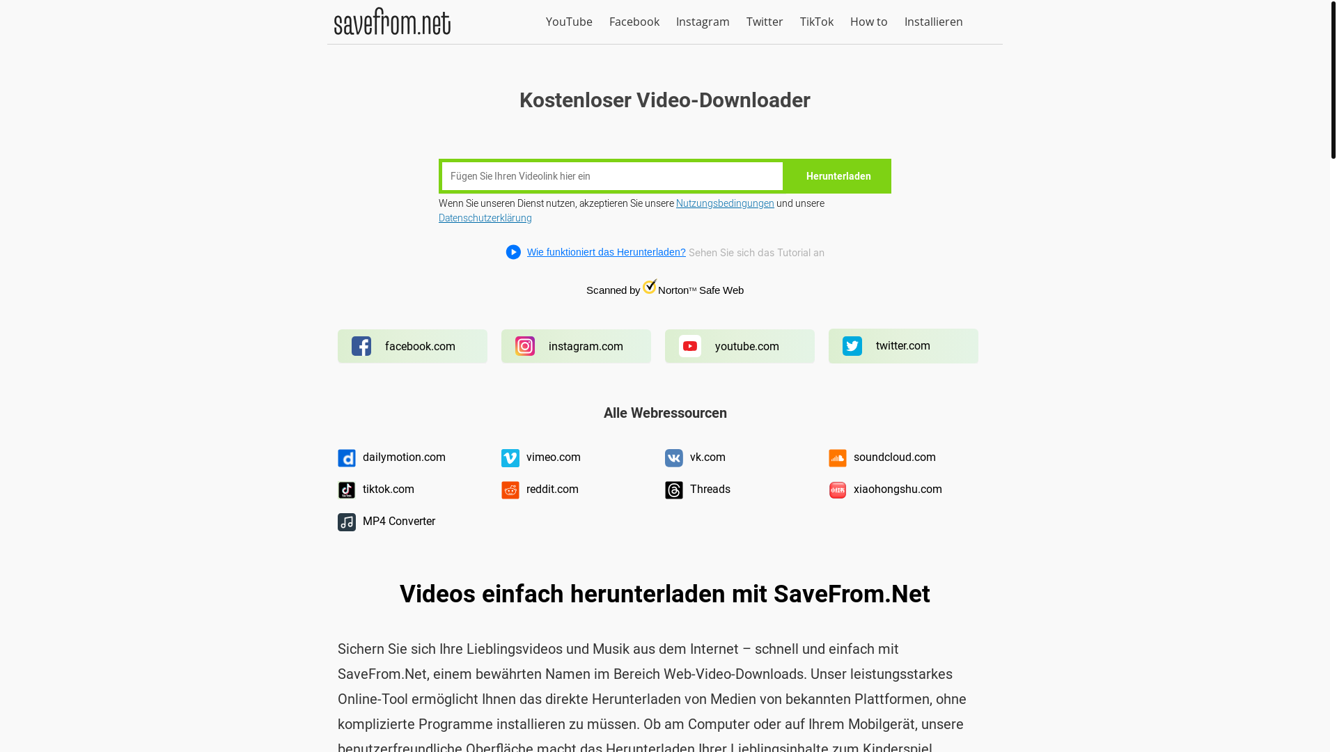 website screenshot of https://de.savefrom.net/