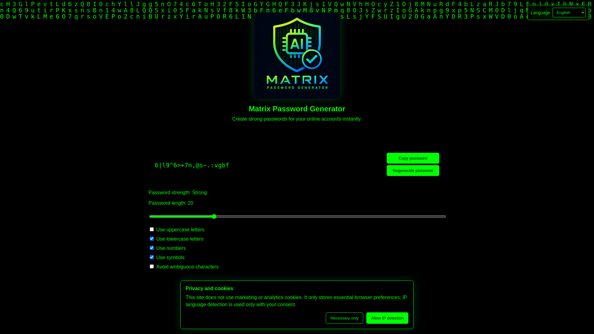 website screenshot of https://matrixpasswordgen.com/