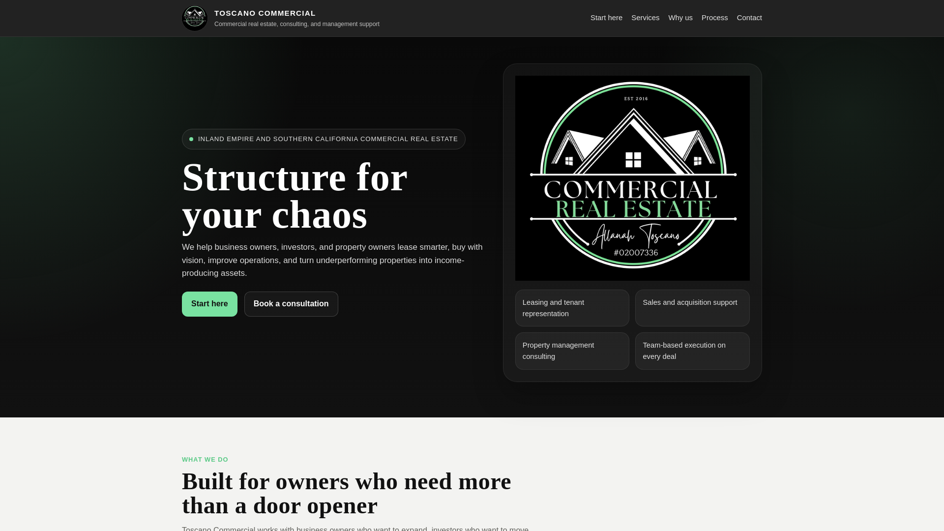 website screenshot of https://toscano-commercial.com