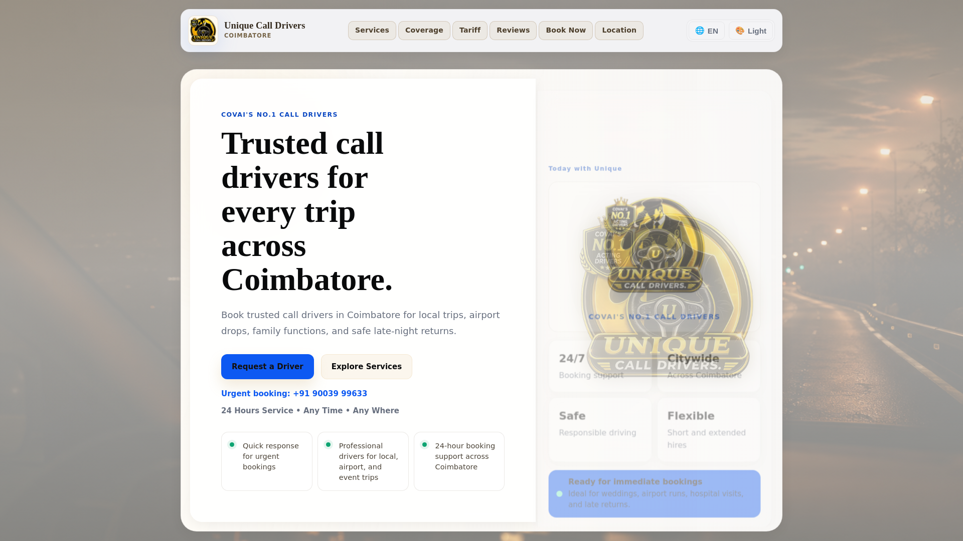 website screenshot of https://uniquecalldrivers.in/