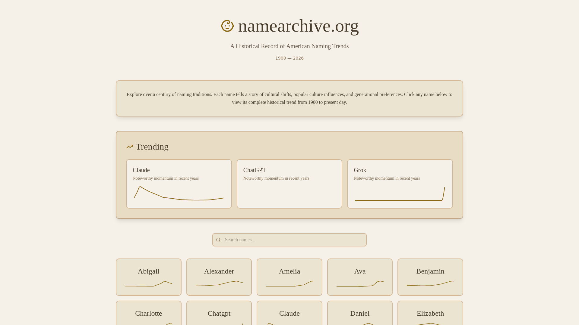 website screenshot of https://namearchive.org/