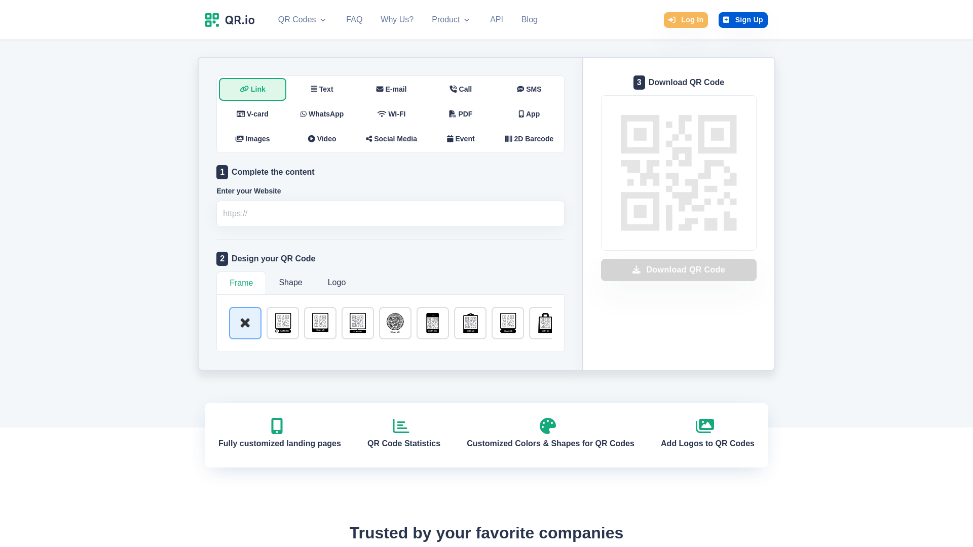 website screenshot of https://qr.io/