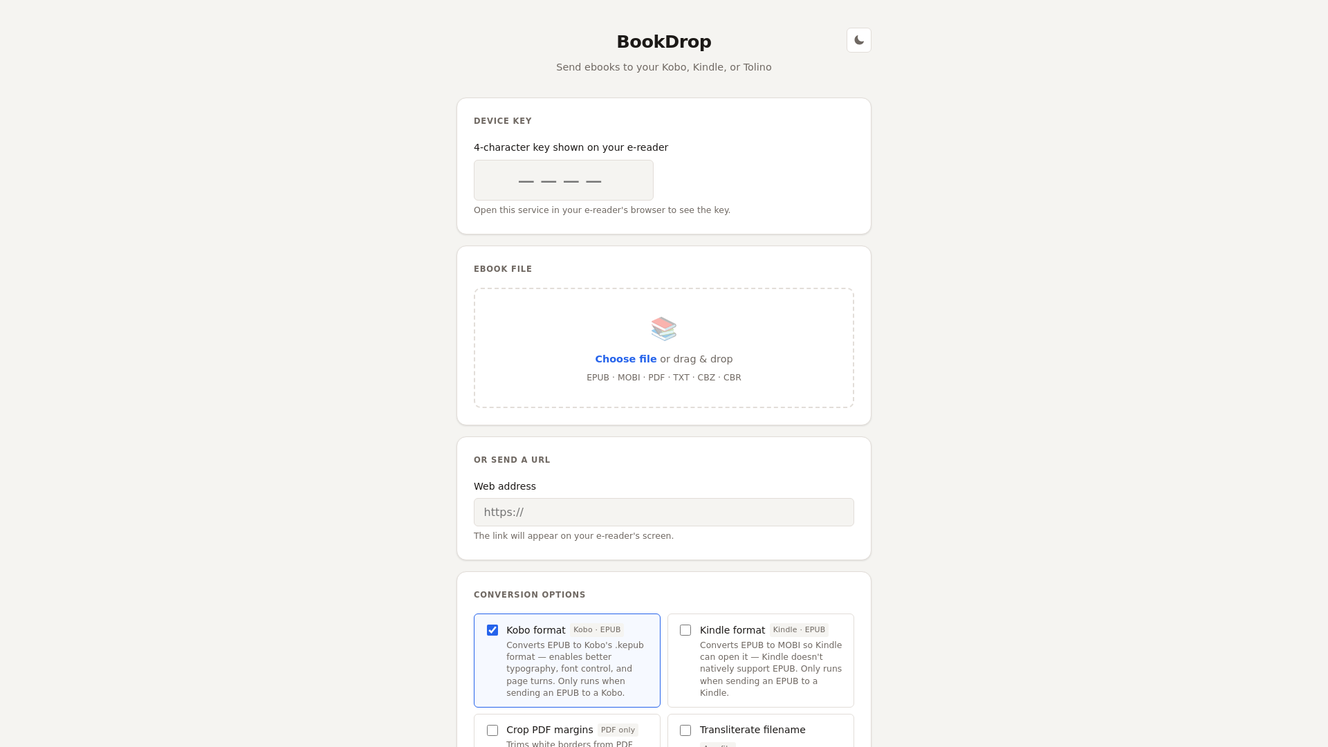 website screenshot of https://bookdrop.cc/